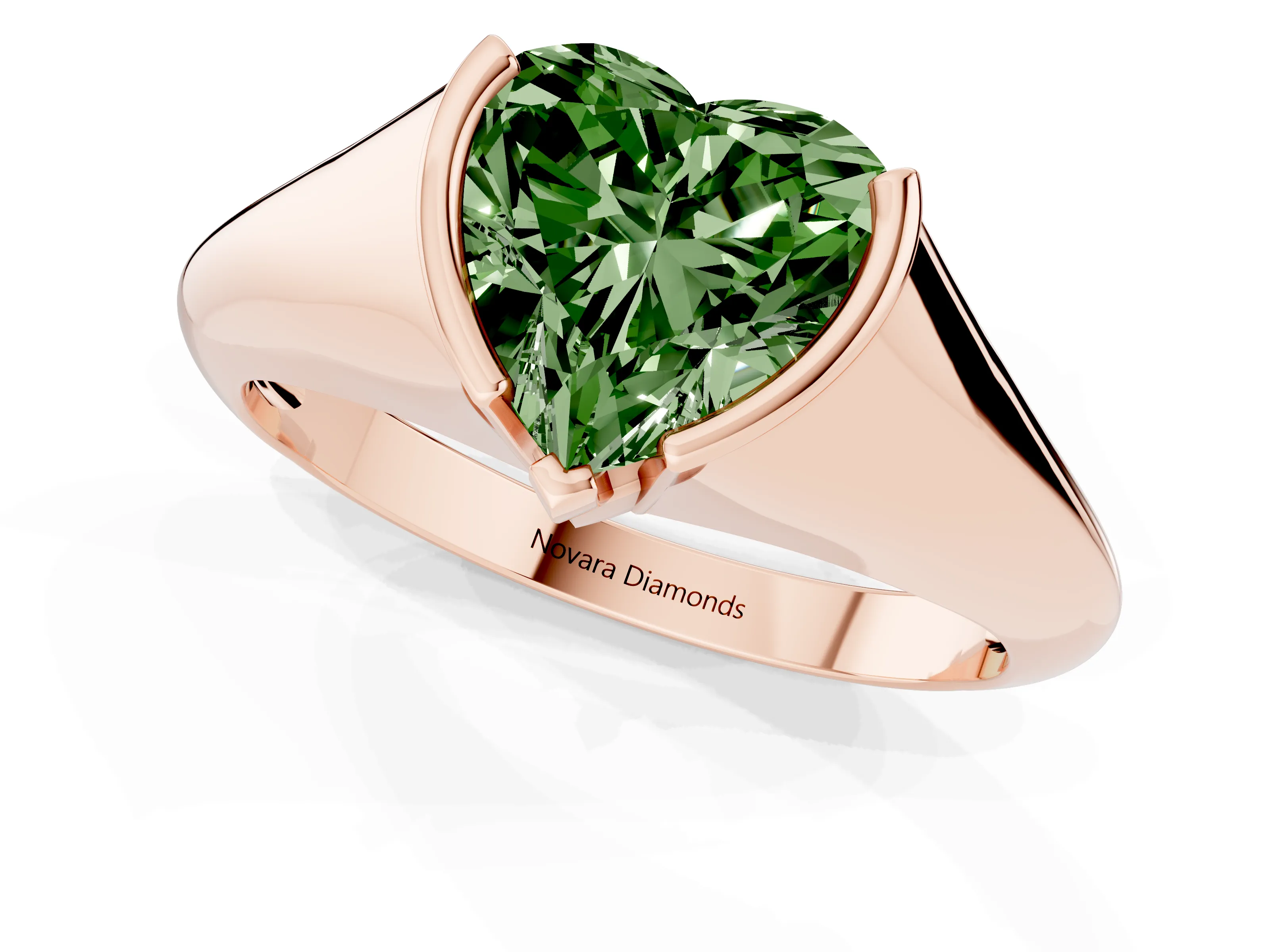 Fancy Green Heart Cut Diamond Solitaire Tension Set Ring Set in Rose gold