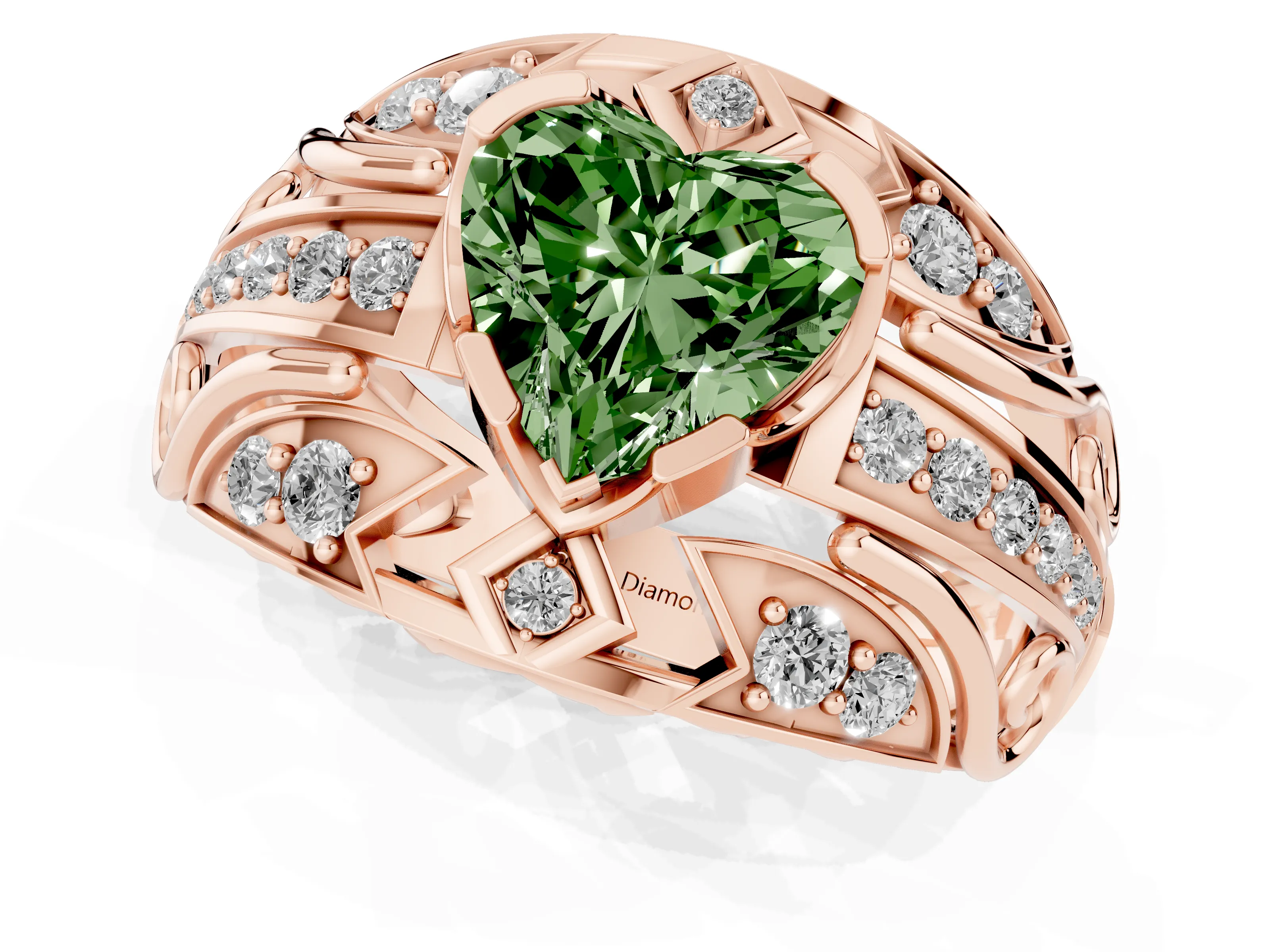 Fancy Green Heart Cut Diamond Art Deco Ring Set in Rose gold with Pavé Split Shank