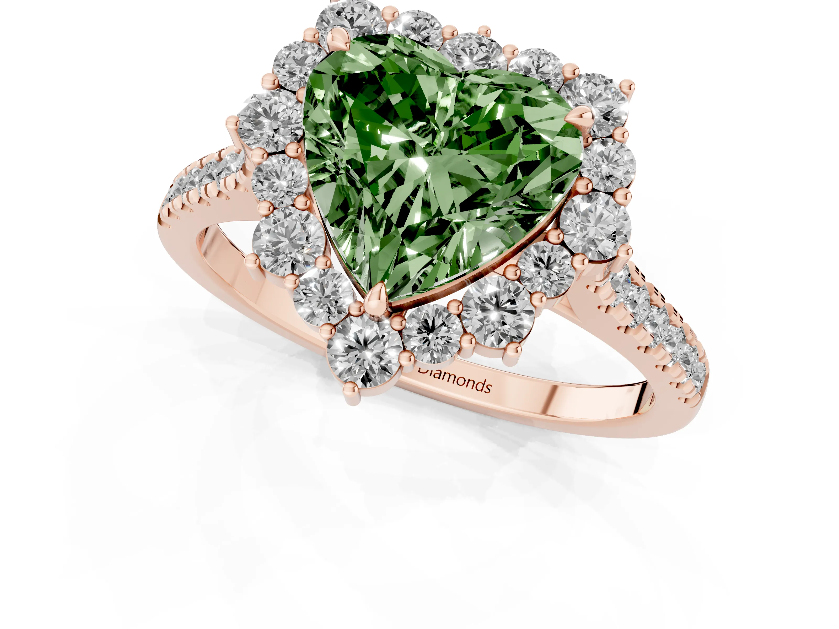Fancy Green Heart Cut Diamond Halo Ring Set in Rose gold with Pavé Band and Prong Setting