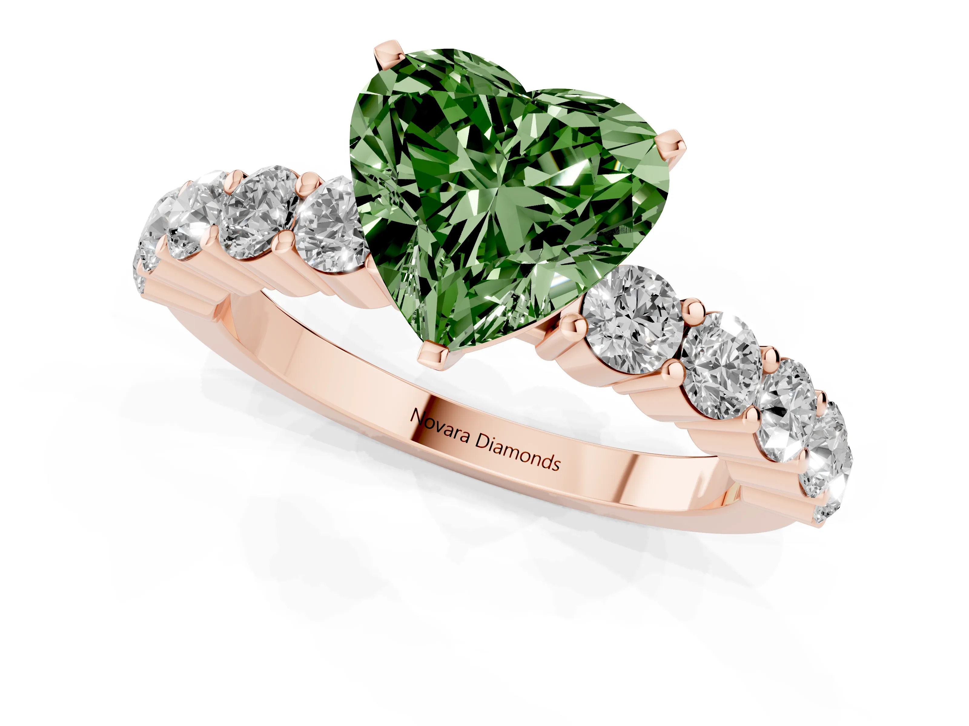 Fancy Green Heart Cut Diamond Solitaire Ring Set in Rose gold with Shared Prong Round Side Stones