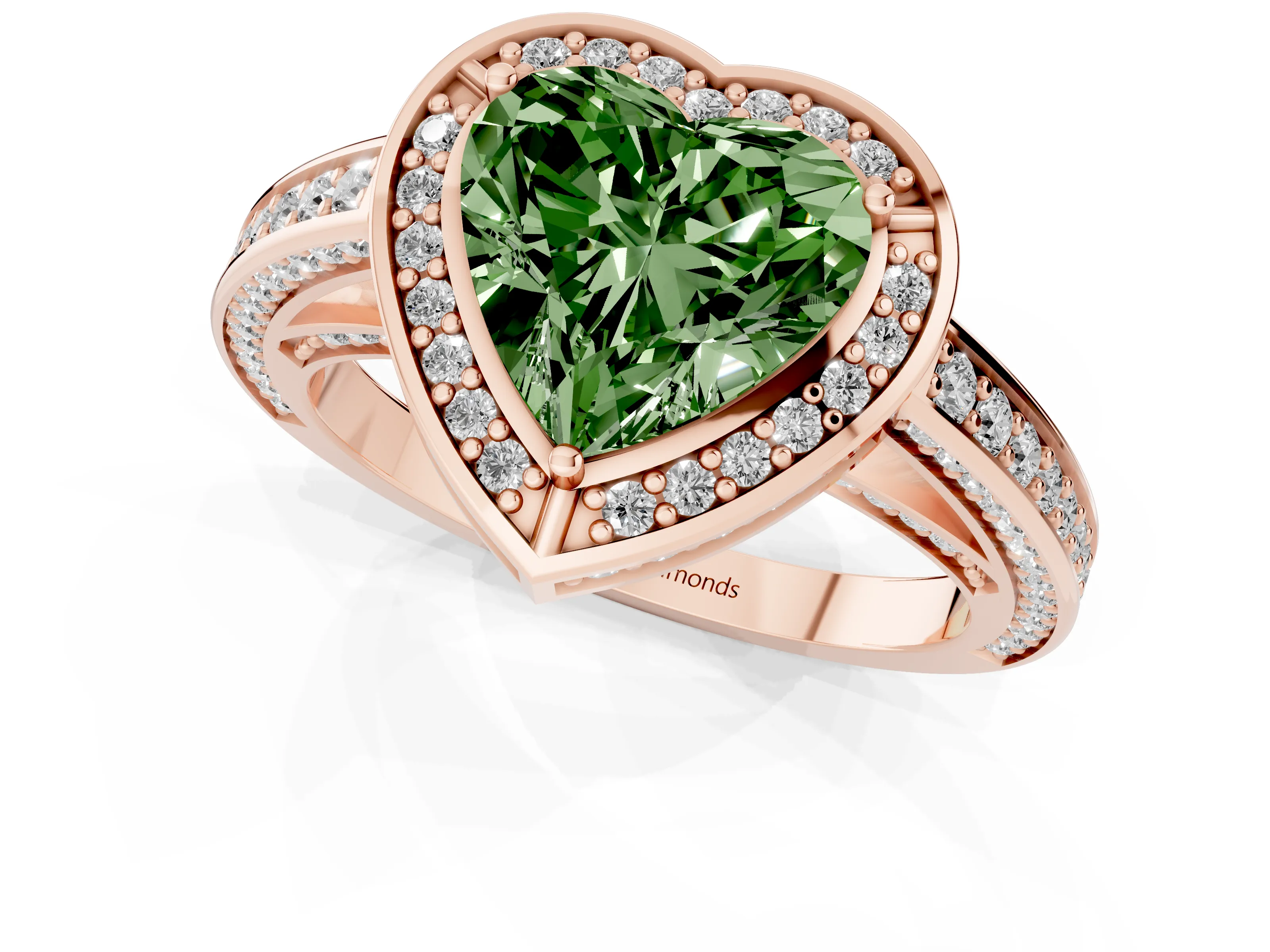 Fancy Green Heart Cut Diamond Halo Pavé Split Shank Ring Set in Rose gold with Prong Setting