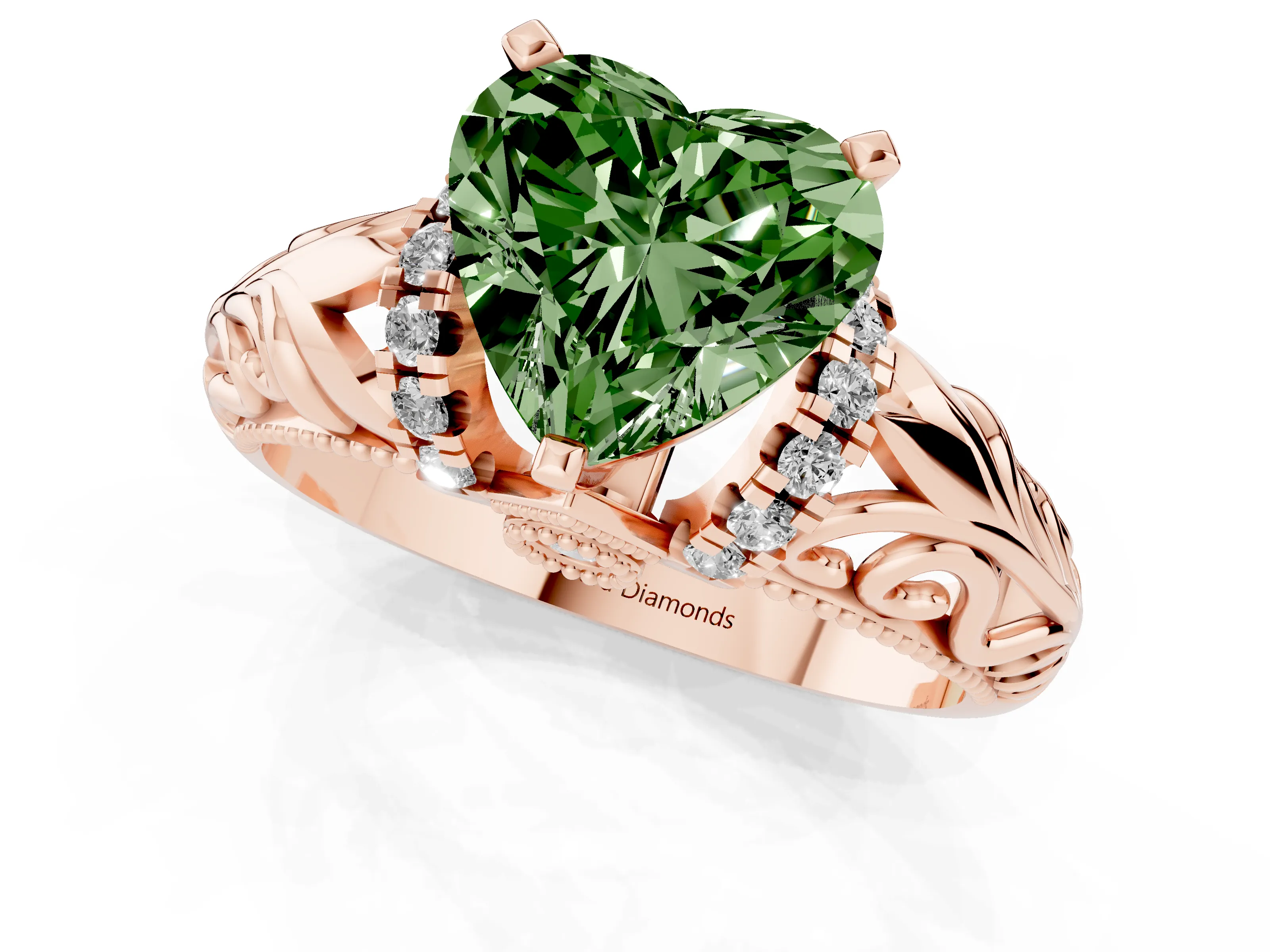Fancy Green Heart Cut Diamond Filigree Halo Engagement Ring Set in Rose gold with Prong Setting