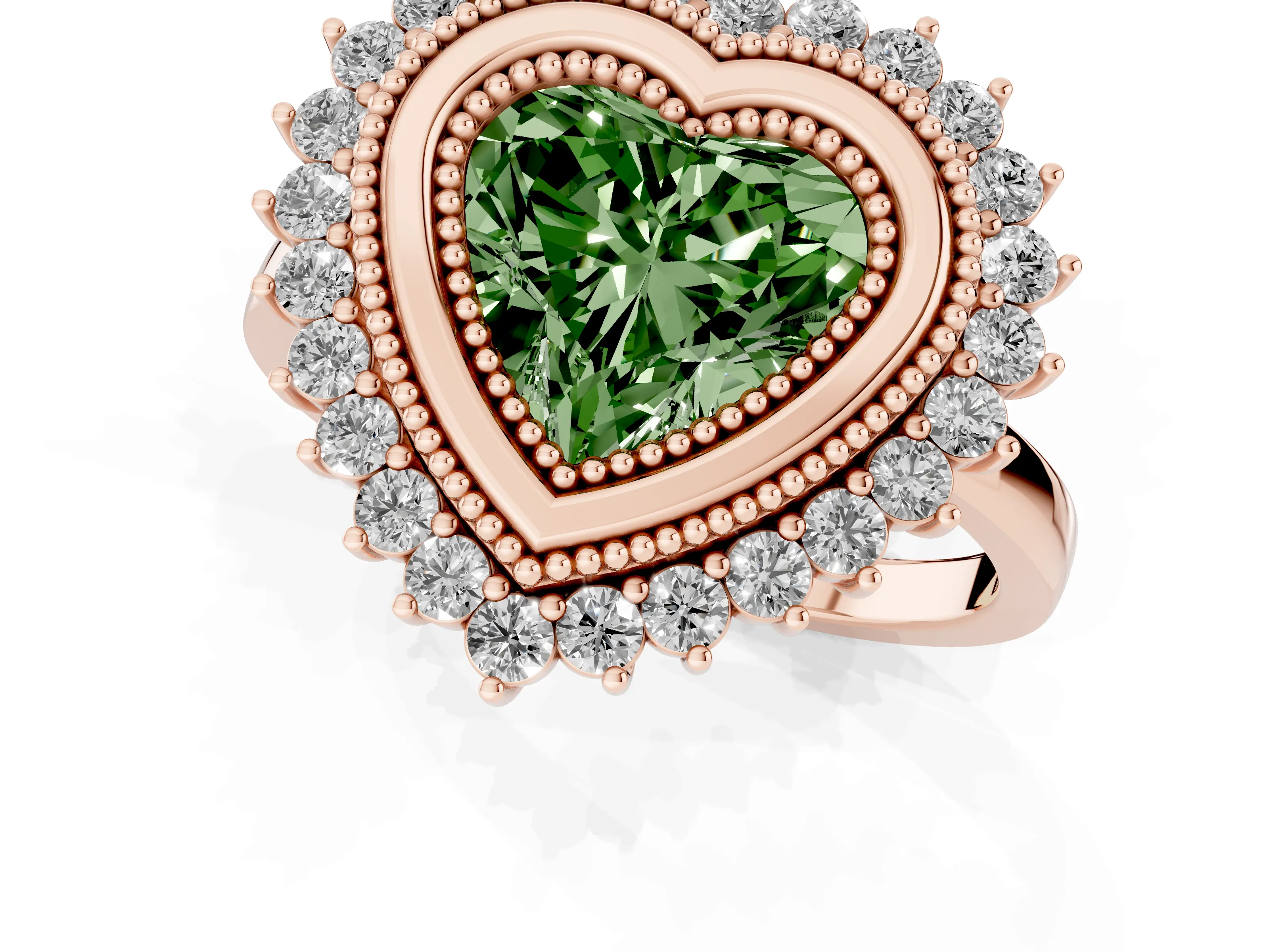 Fancy Green Heart Cut Diamond Halo Ring Set in Rose gold with Milgrain Edge and Round Prong Setting