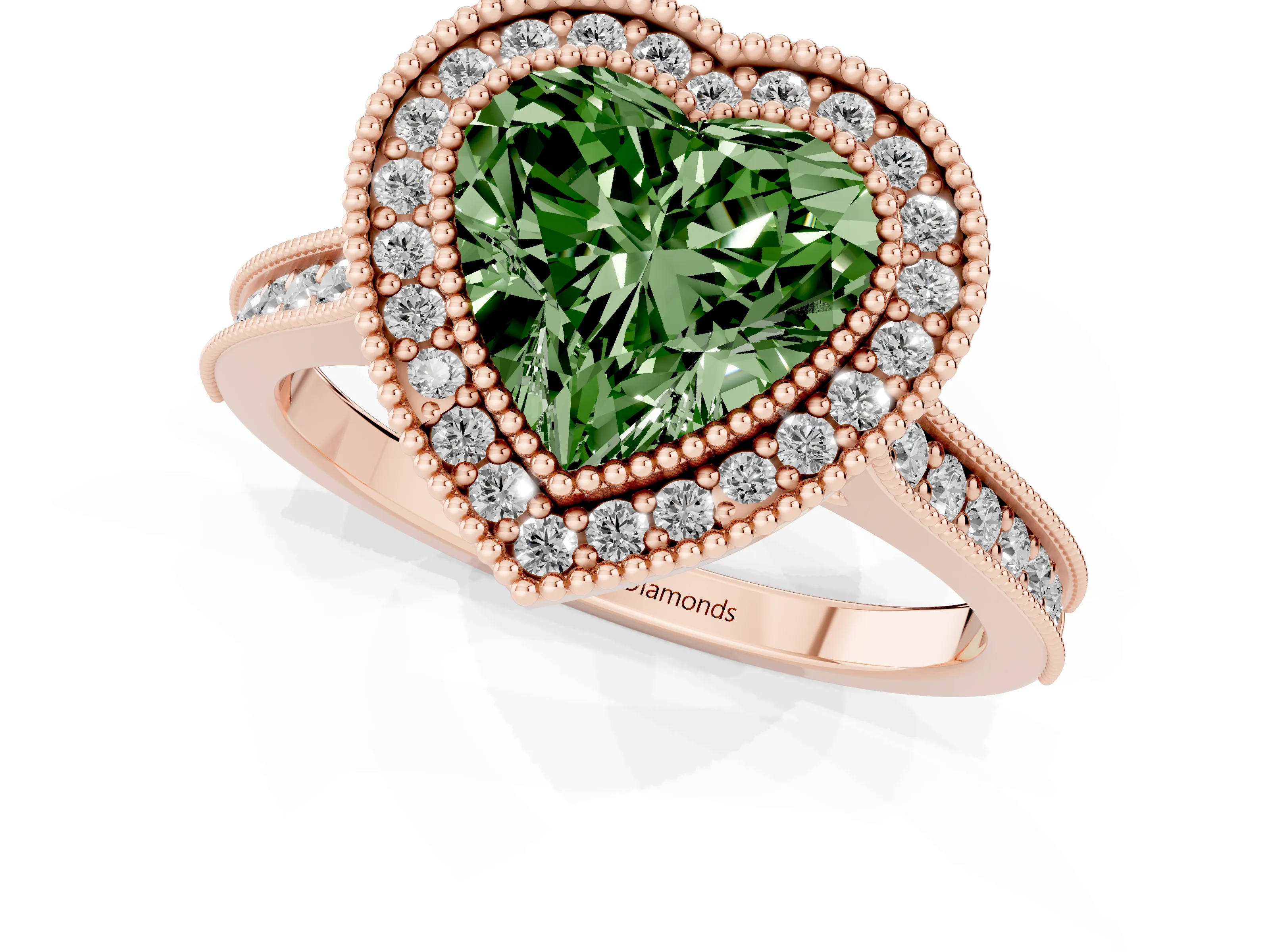 Fancy Green Heart Cut Diamond Halo Milgrain Pavé Band Ring Set in Rose gold with Prong Setting