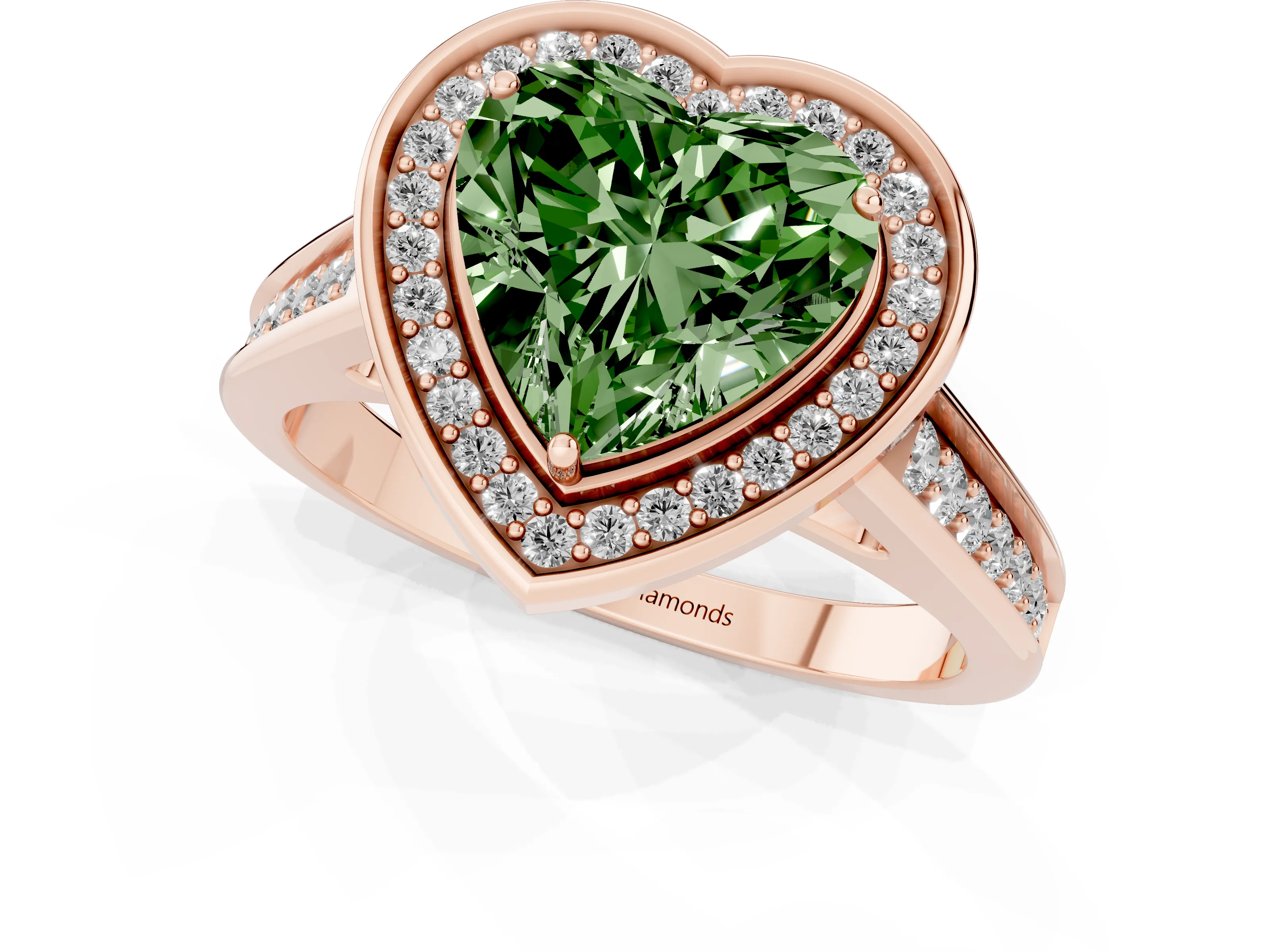 Fancy Green Heart Cut Diamond Halo Solitaire Ring Set in Rose gold with Pavé Band and Bezel Setting