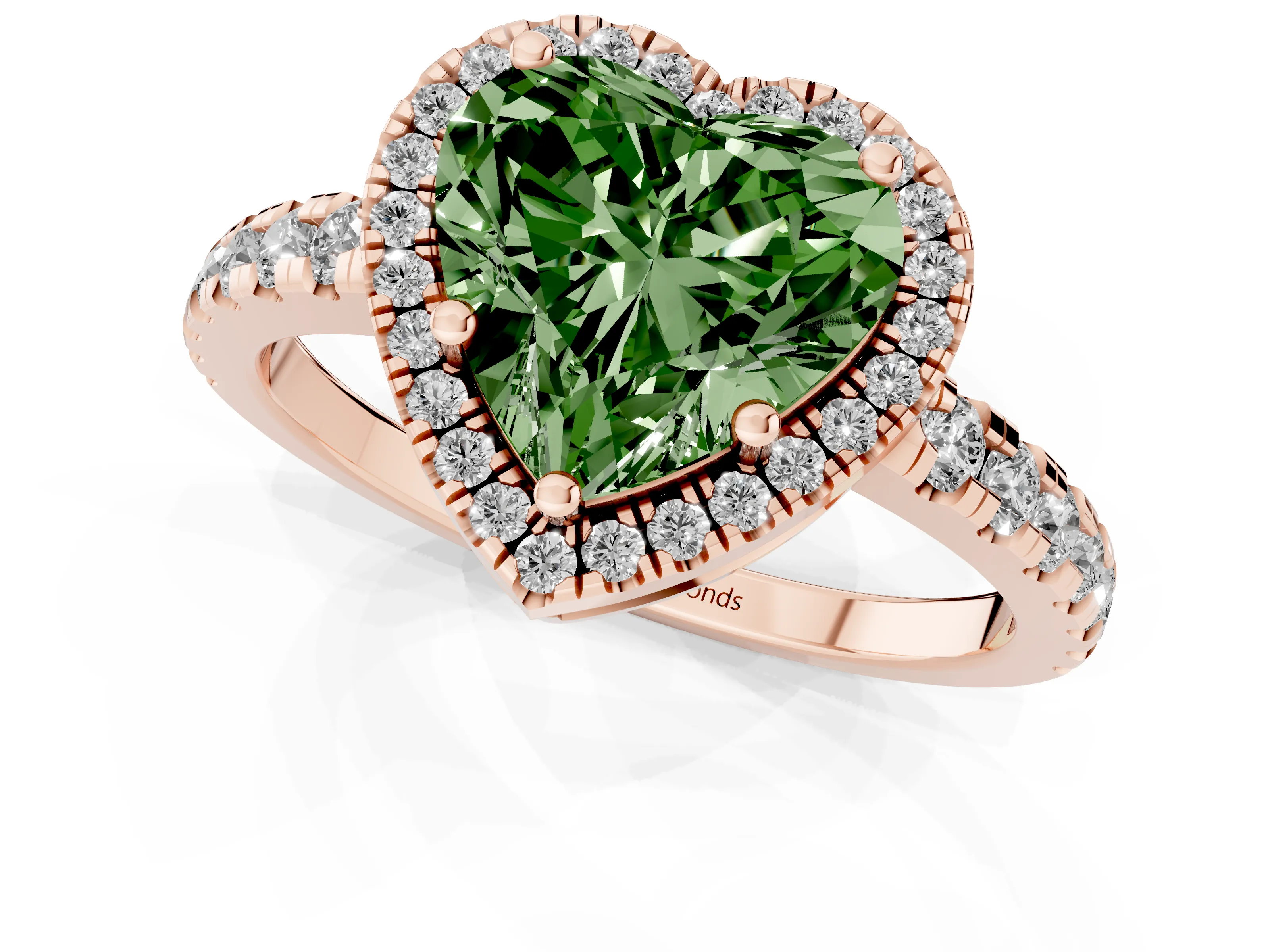 Fancy Green Heart Cut Diamond Halo Ring Set in Rose gold with Delicate Pavé Band and Prong Setting