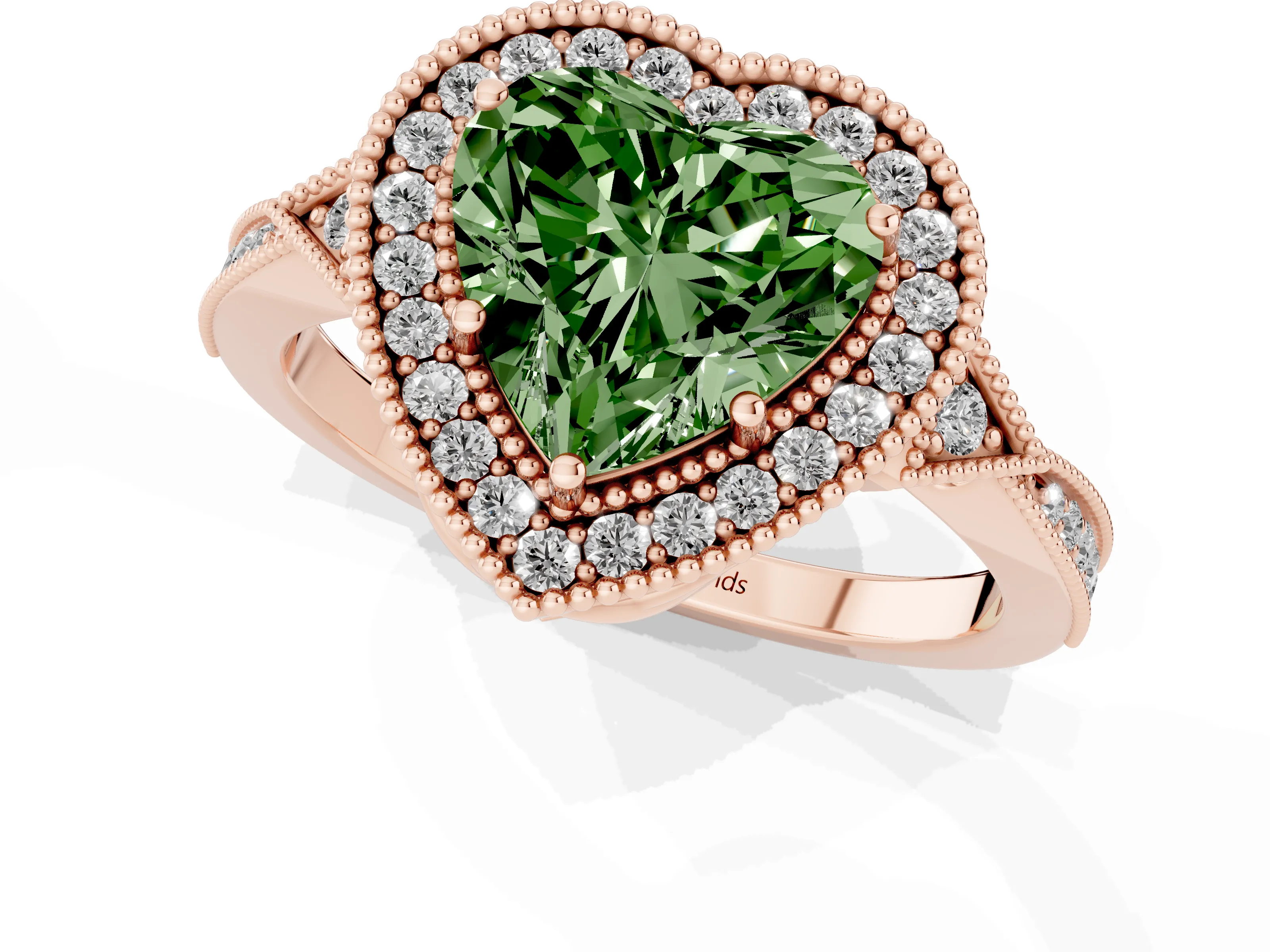 Fancy Green Heart Cut Diamond Halo Engagement Ring Set in Rose gold with Milgrain Pavé Band