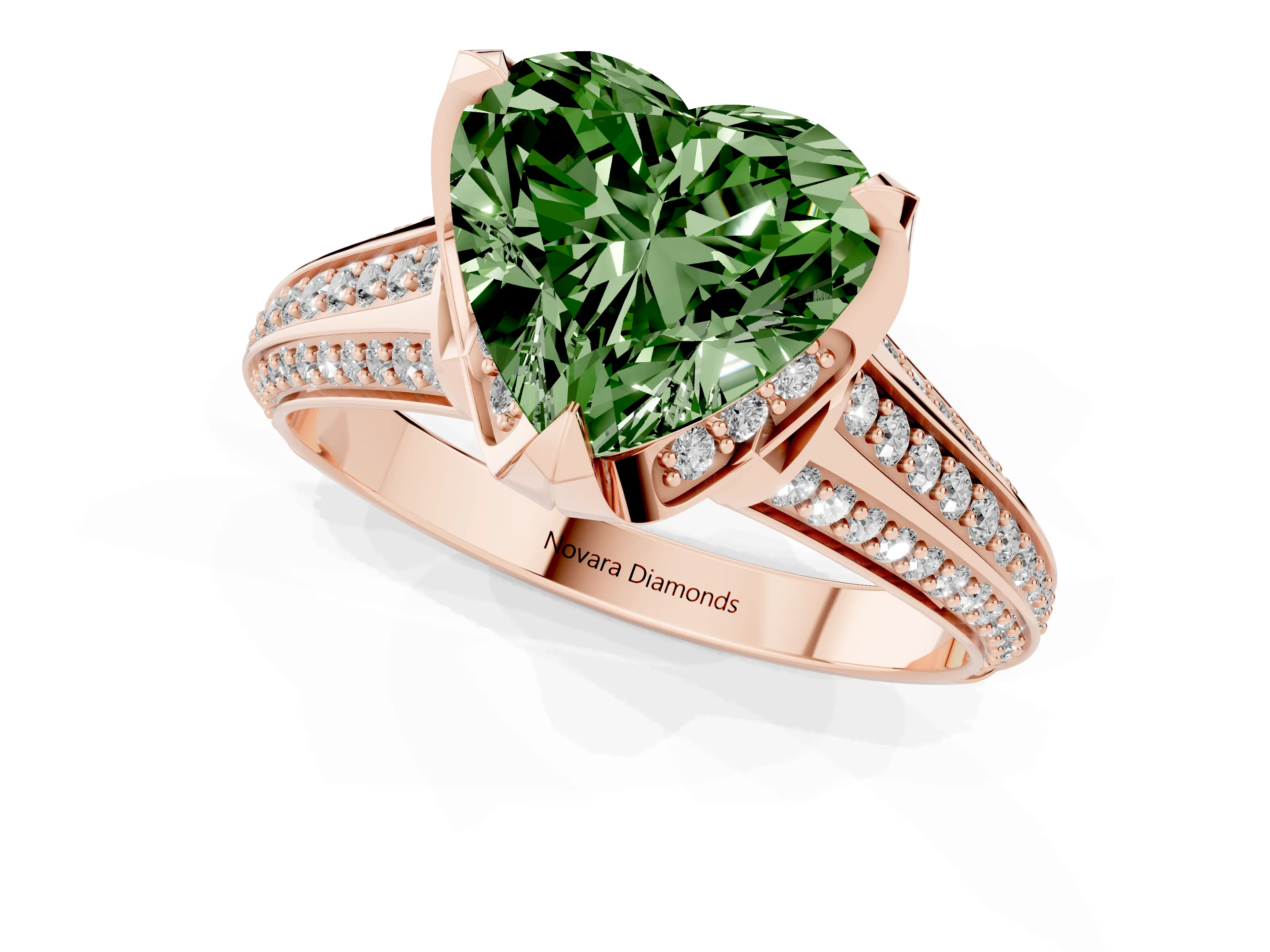 Fancy Green Heart Cut Diamond Pavé Split Shank Solitaire Ring Set in Rose gold with Prong Setting