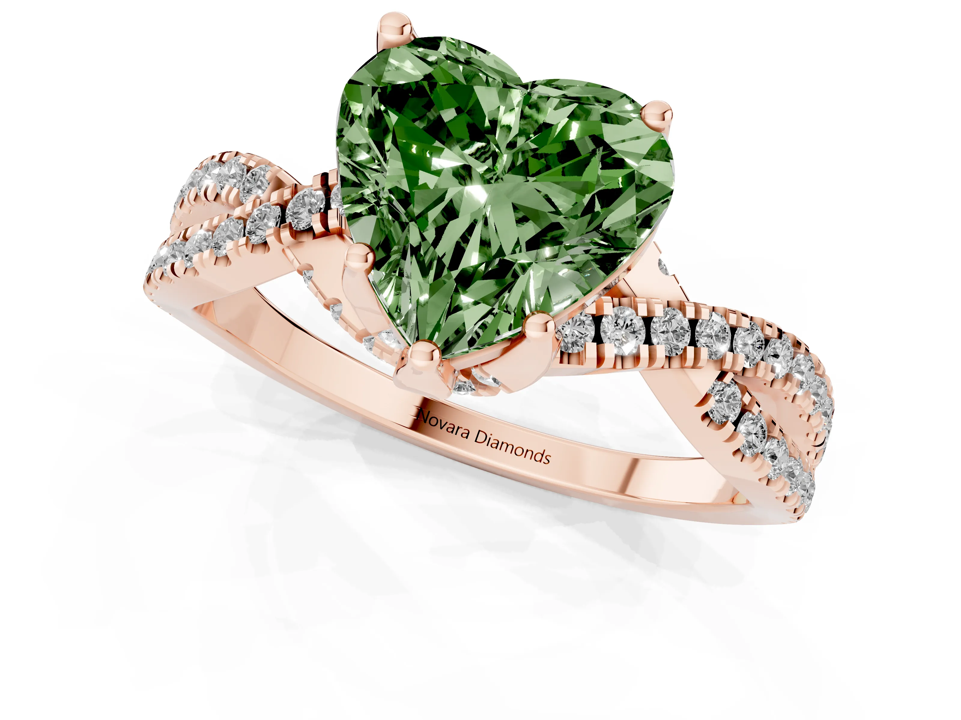 Fancy Green Heart Cut Diamond Twist Pavé Solitaire Engagement Ring Set in Rose gold with Prong Setting