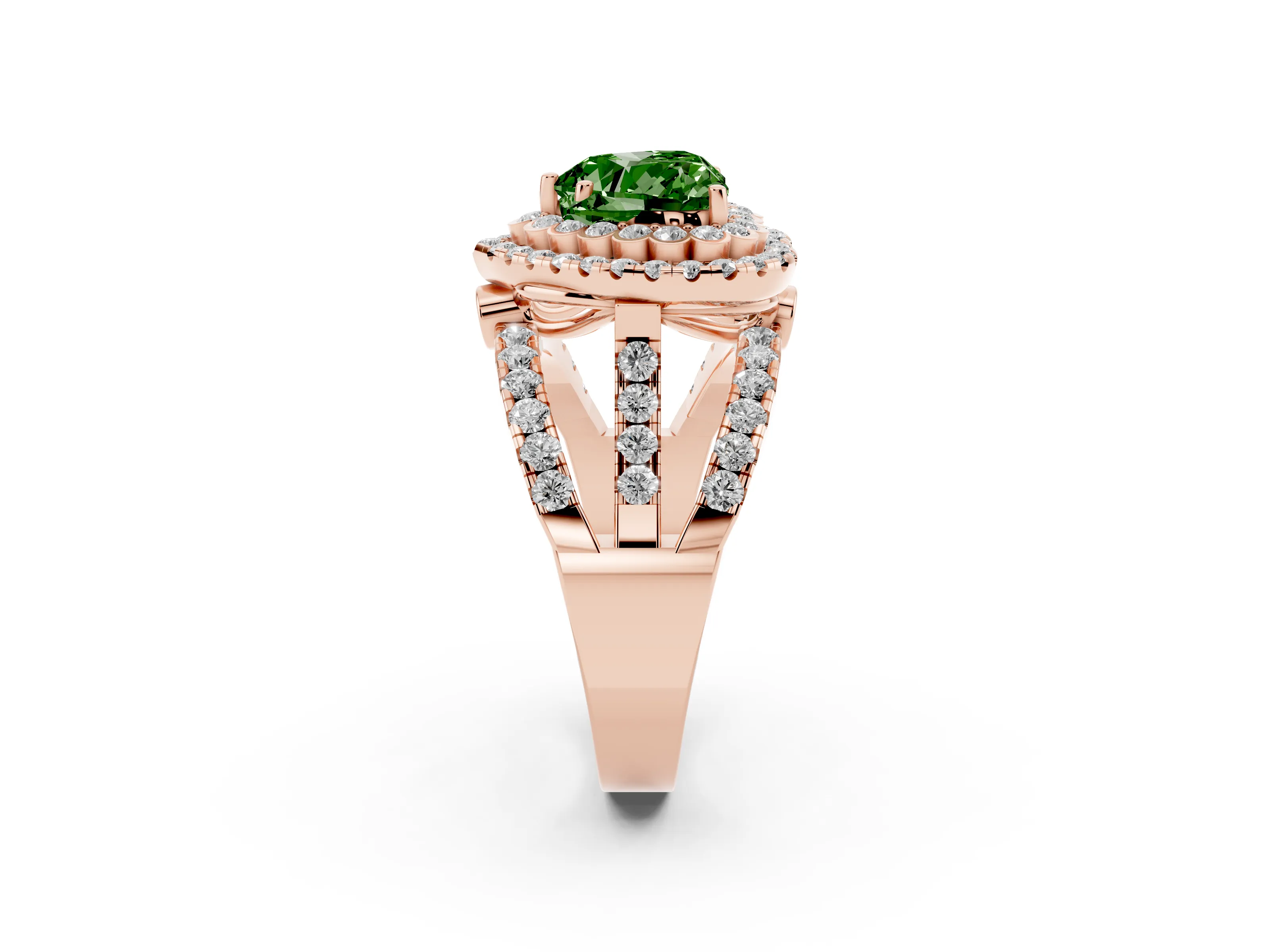 Fancy Green Heart Cut Diamond Double Halo Ring Set in Rose gold with Round Pavé Split Shank