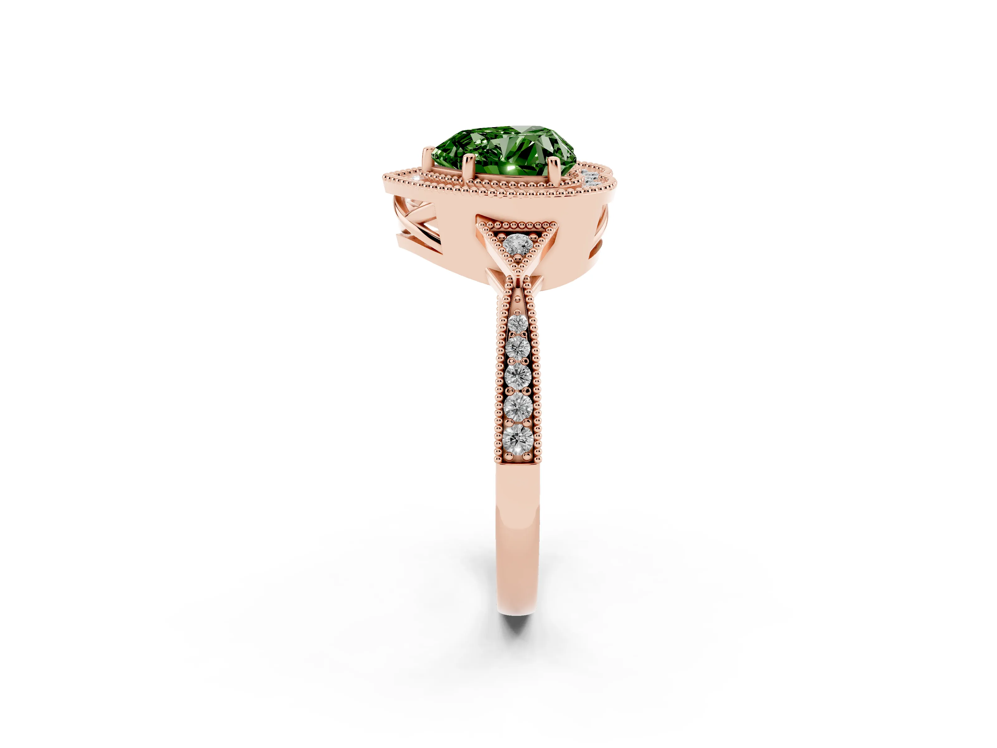 Fancy Green Heart Cut Diamond Halo Engagement Ring Set in Rose gold with Milgrain Pavé Band