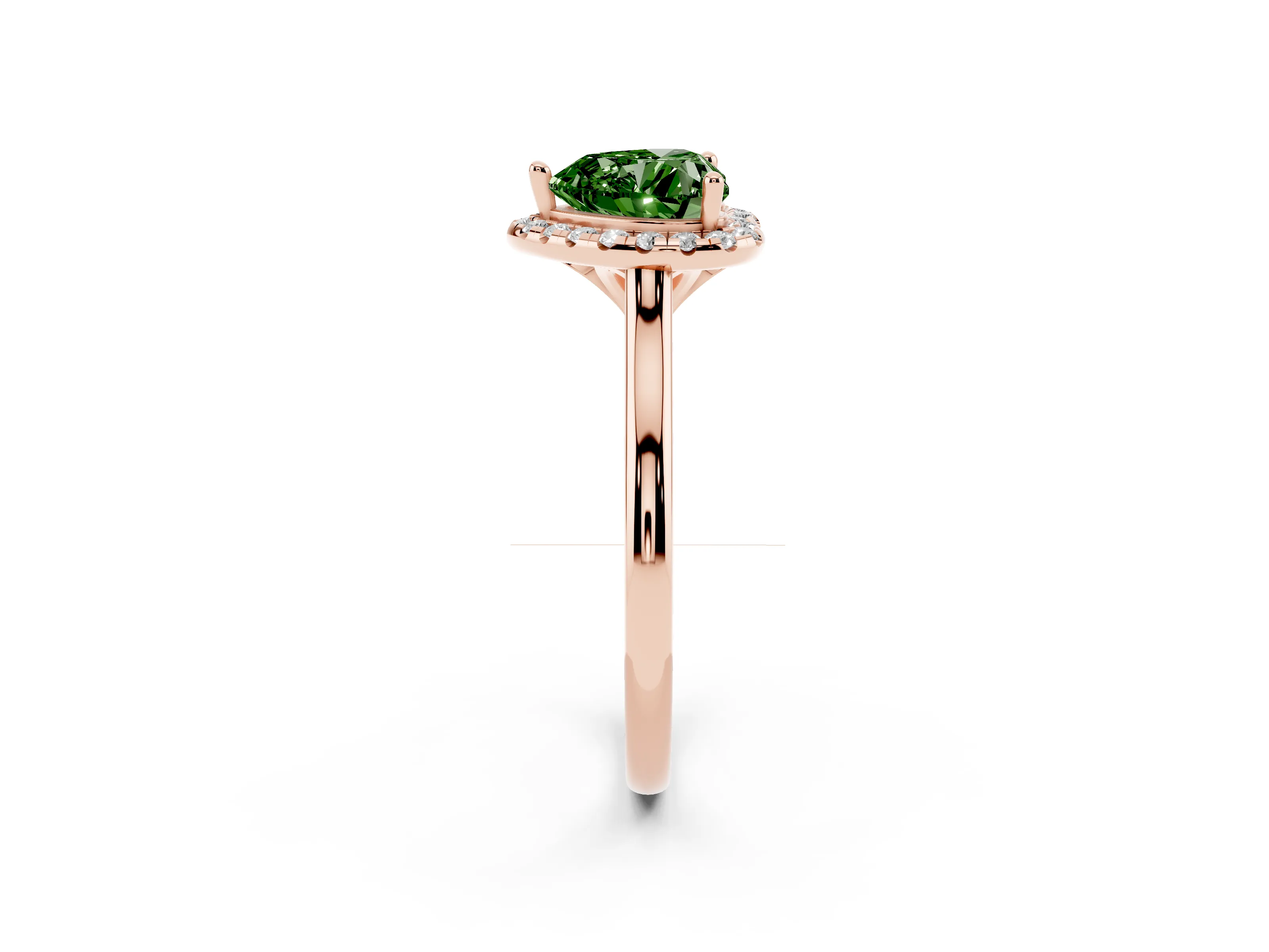 Fancy Green Heart Cut Diamond Halo Engagement Ring Set in Rose gold with Pavé Band and Rising Shoulders