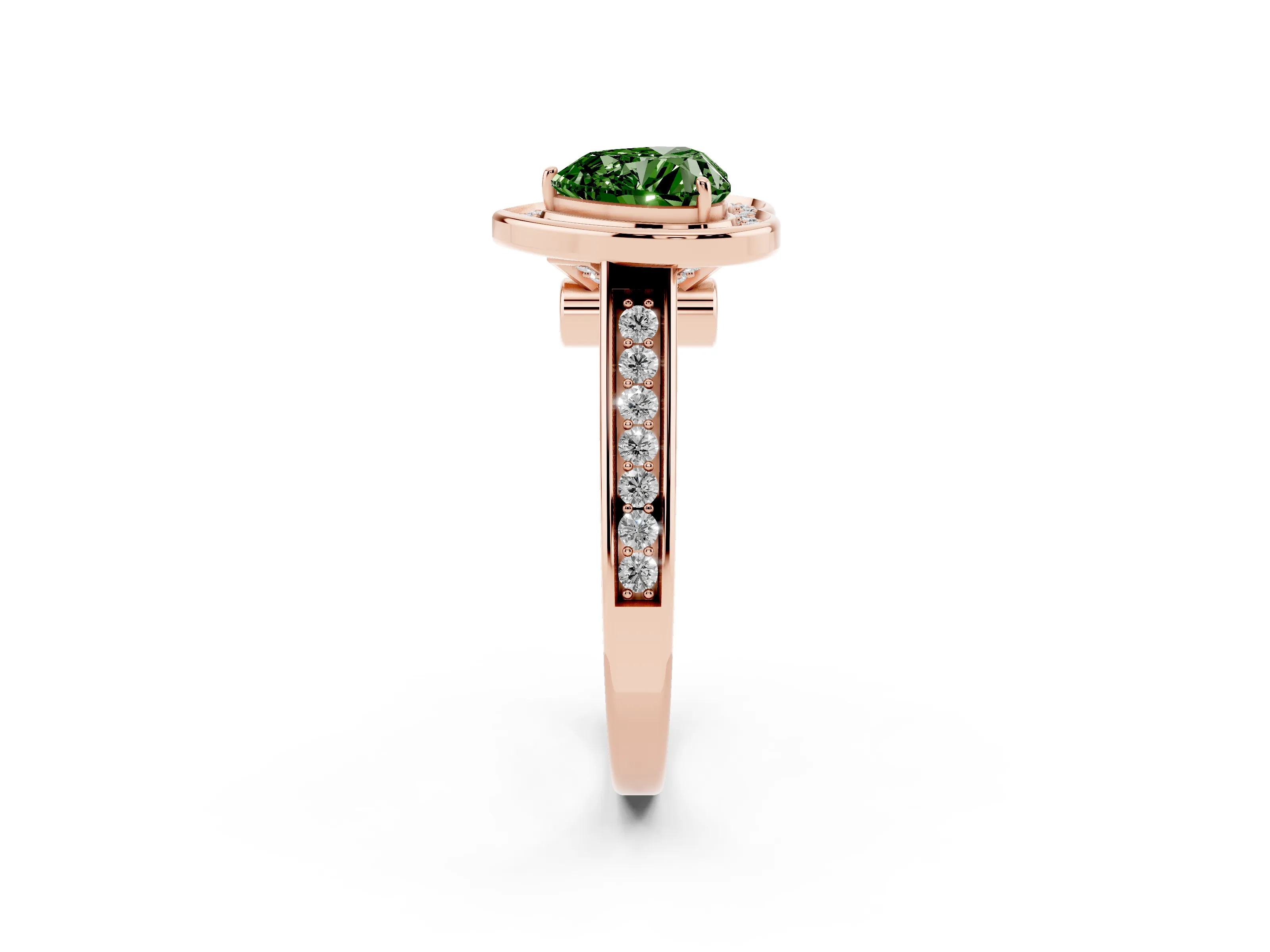 Fancy Green Heart Cut Diamond Halo Solitaire Ring Set in Rose gold with Pavé Band and Bezel Setting
