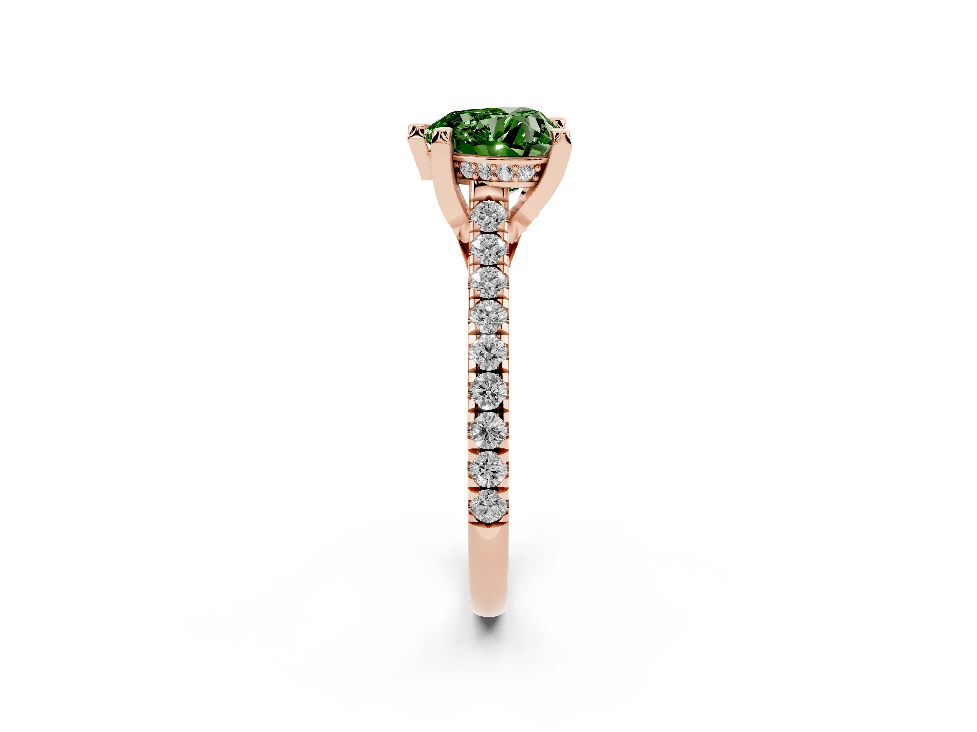 Fancy Green Heart Cut Diamond Solitaire Ring Set in Rose gold with Brilliant Pavé Band and Prong Setting