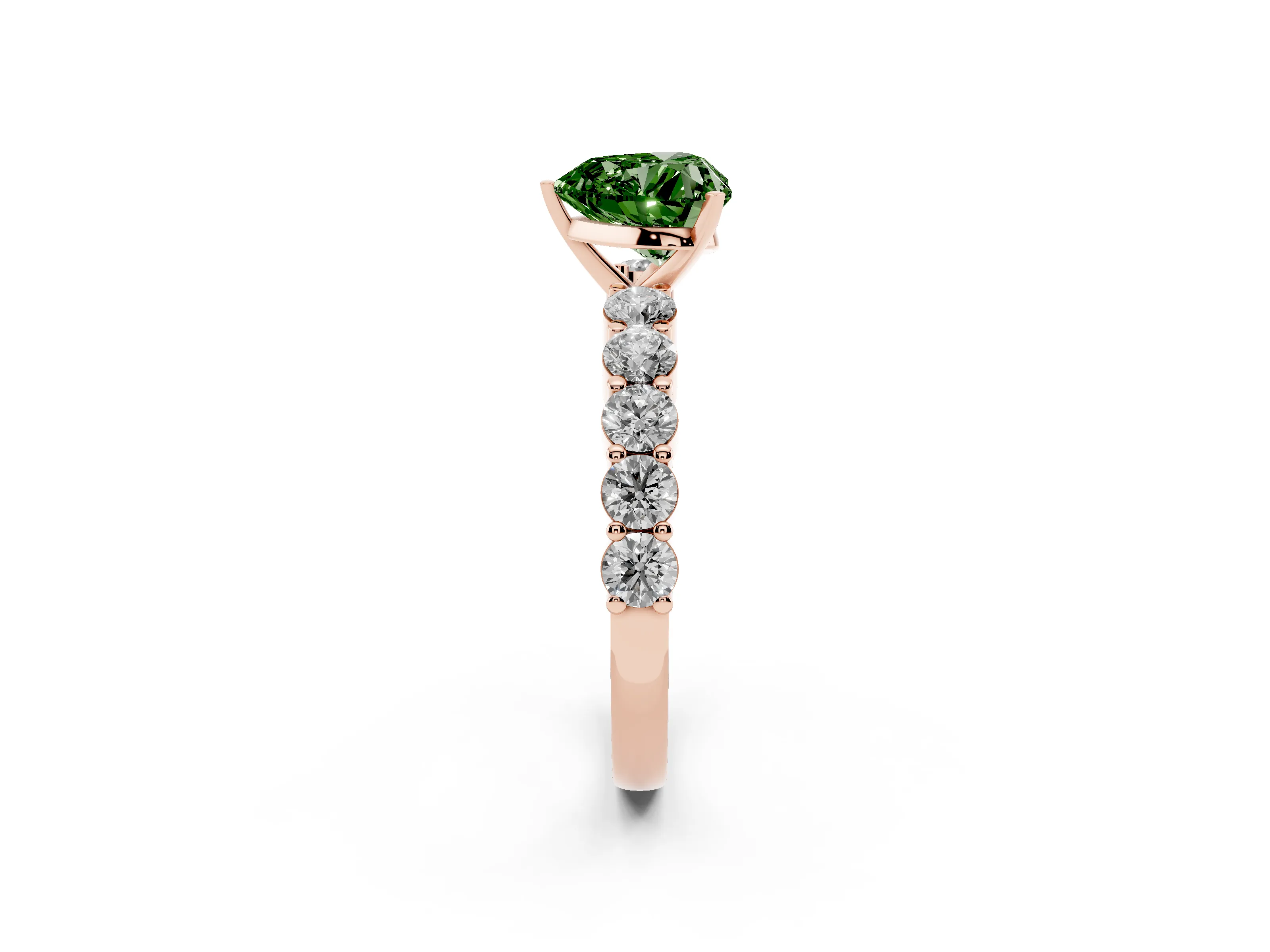 Fancy Green Heart Cut Diamond Solitaire Ring Set in Rose gold with Shared Prong Round Side Stones