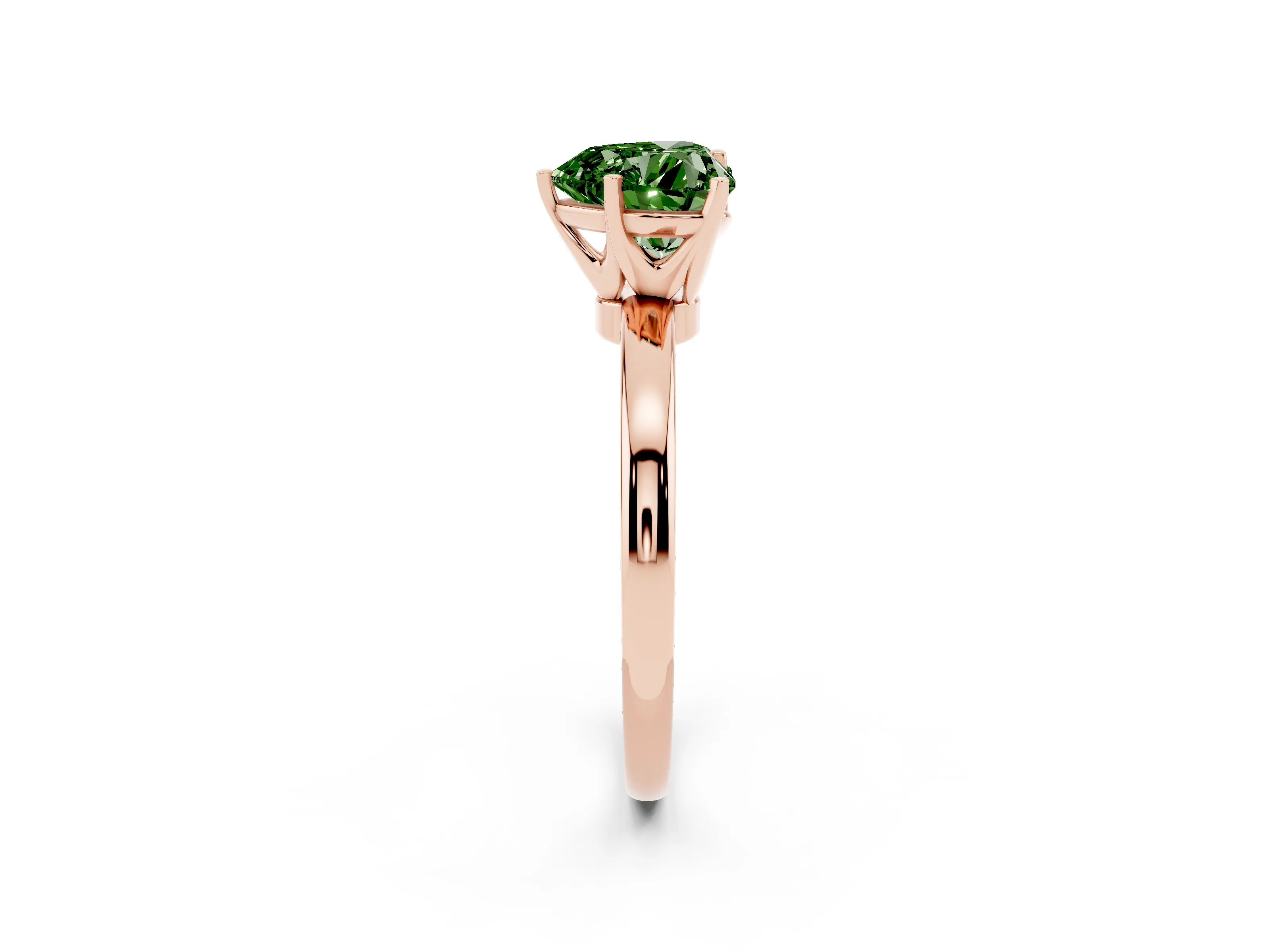 Fancy Green Heart Cut Diamond Solitaire Ring Set in Rose gold with Raised Prong Setting on a Classic Band