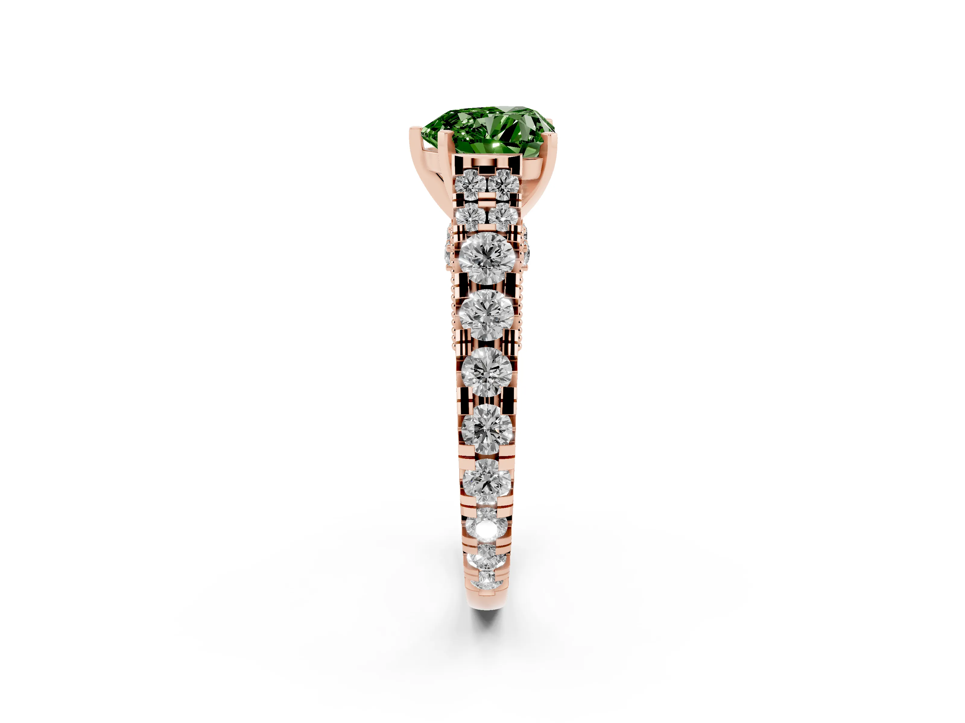 Fancy Green Heart Cut Diamond Classic Solitaire Ring Set in Rose gold with Pavé Band and Prong Setting