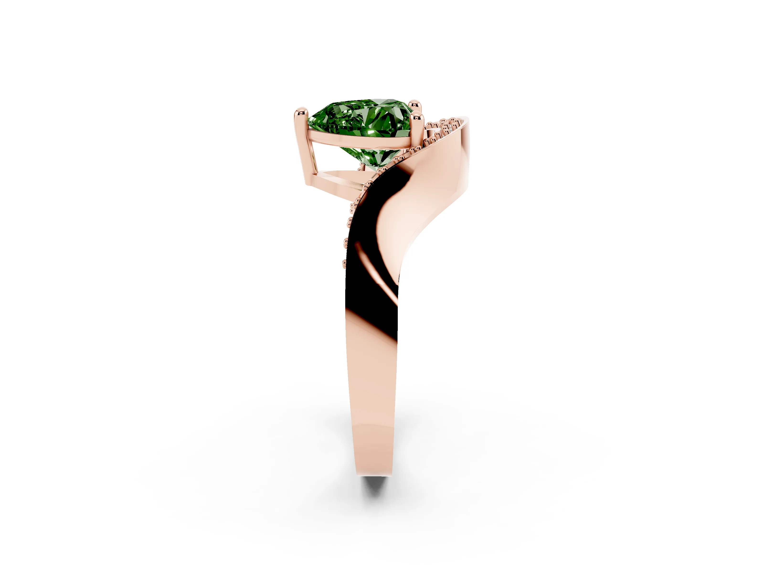 Fancy Green Heart Cut Diamond Solitaire Engagement Ring Set in Rose gold with Pavé Shoulders