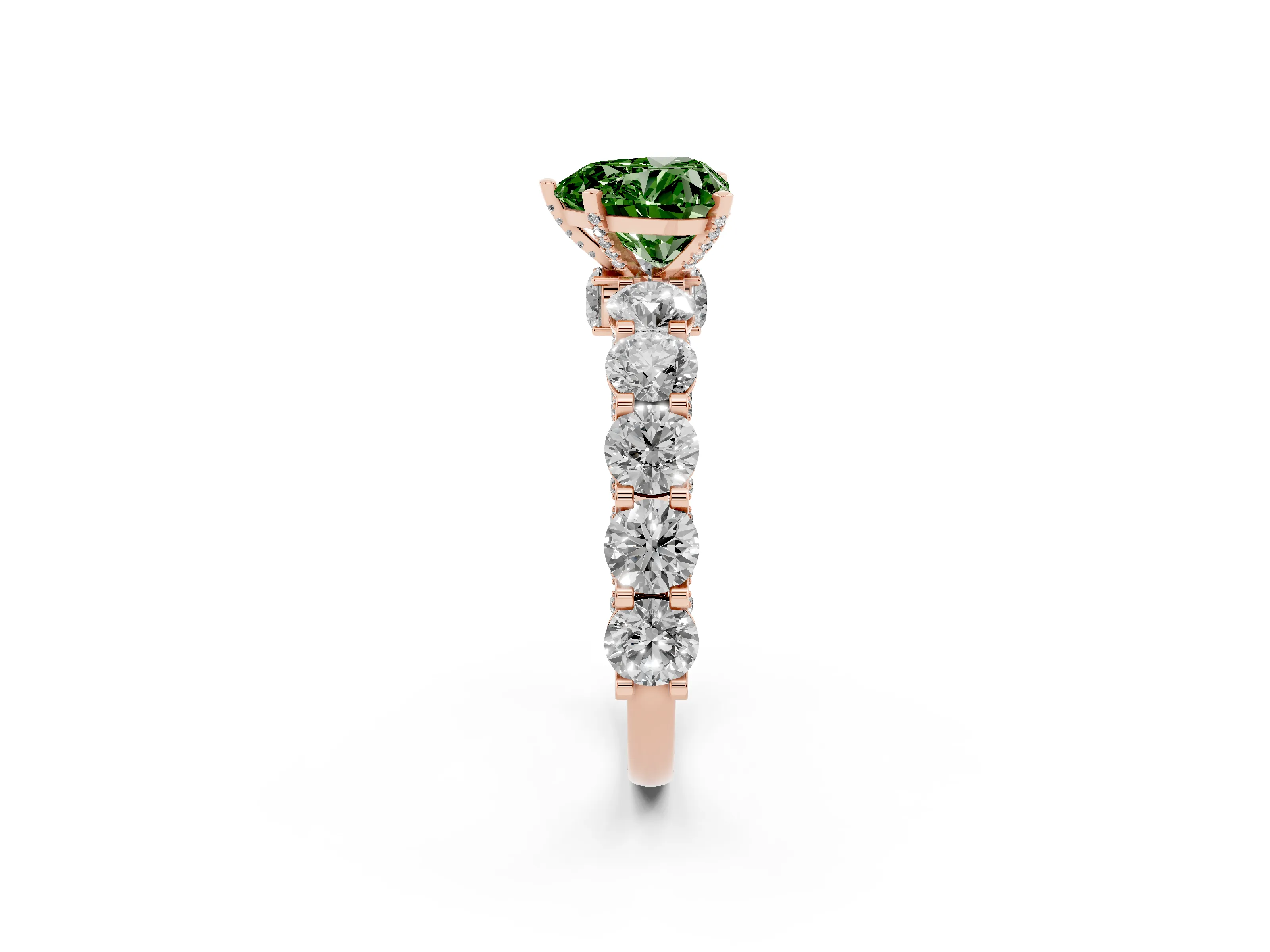 Fancy Green Heart Cut Diamond Side Stone Ring Set in Rose gold with Alternating Round and Oval Side Stones