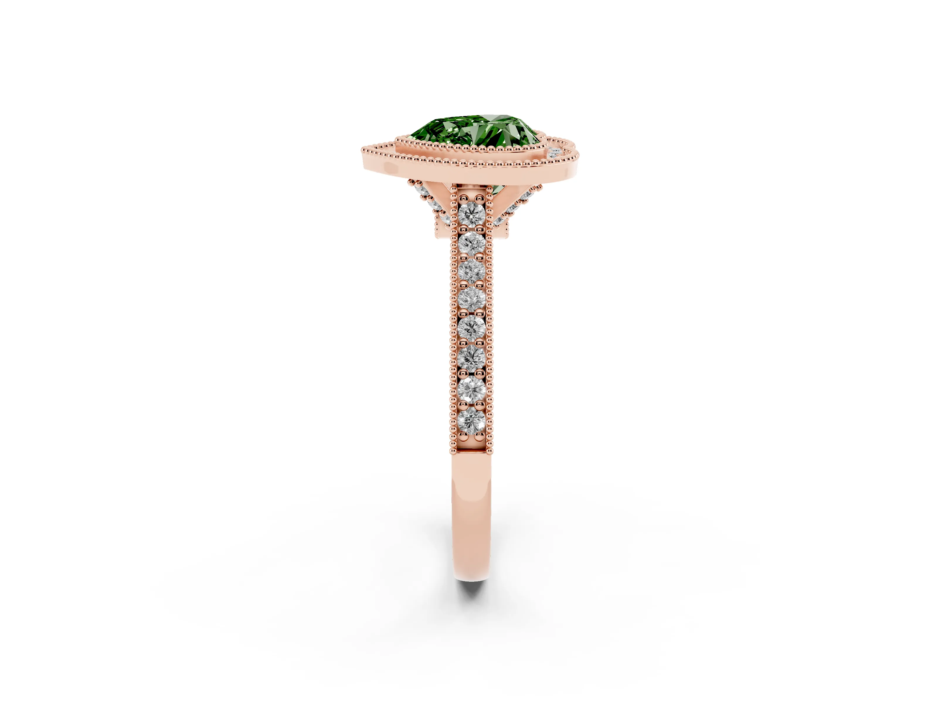 Fancy Green Heart Cut Diamond Halo Milgrain Pavé Band Ring Set in Rose gold with Prong Setting