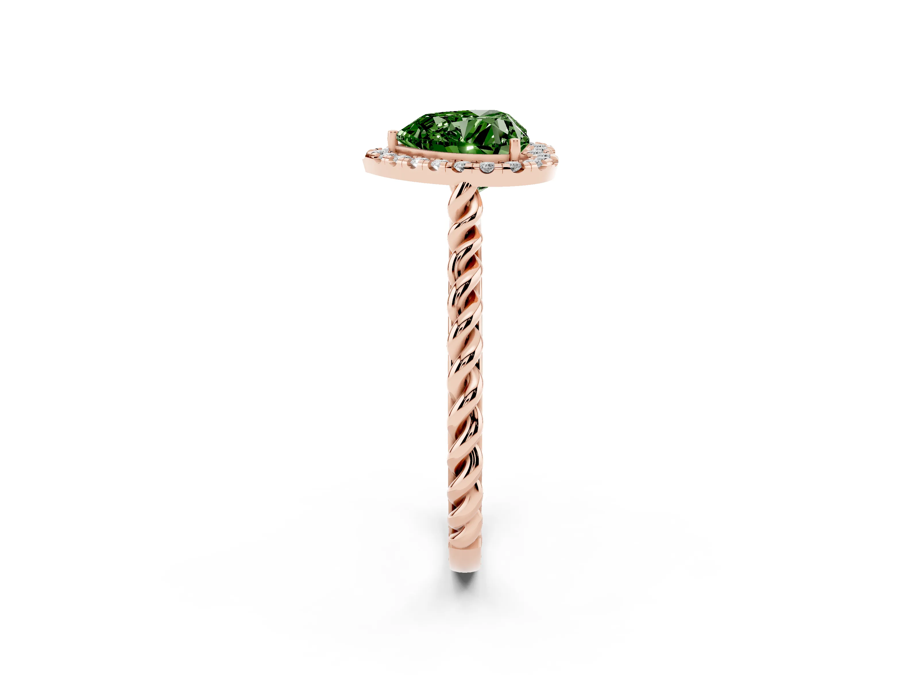 Fancy Green Heart Cut Diamond Halo Ring Set in Rose gold with Plain Twisted Band