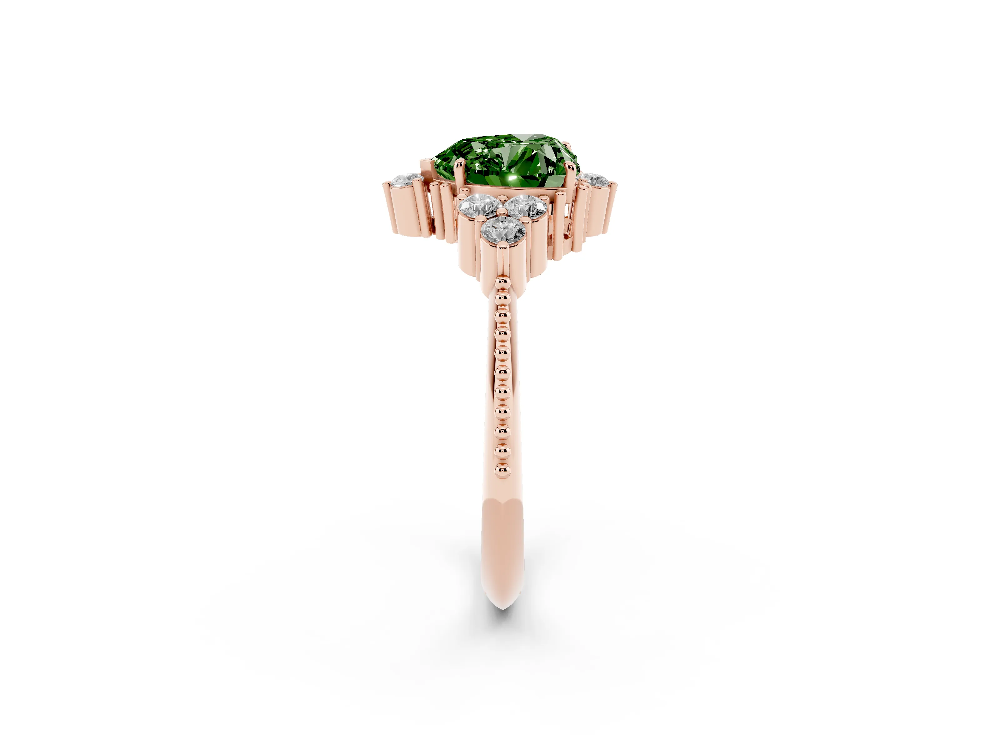 Fancy Green Heart Cut Diamond Cluster Ring Set in Rose gold with Beaded Band