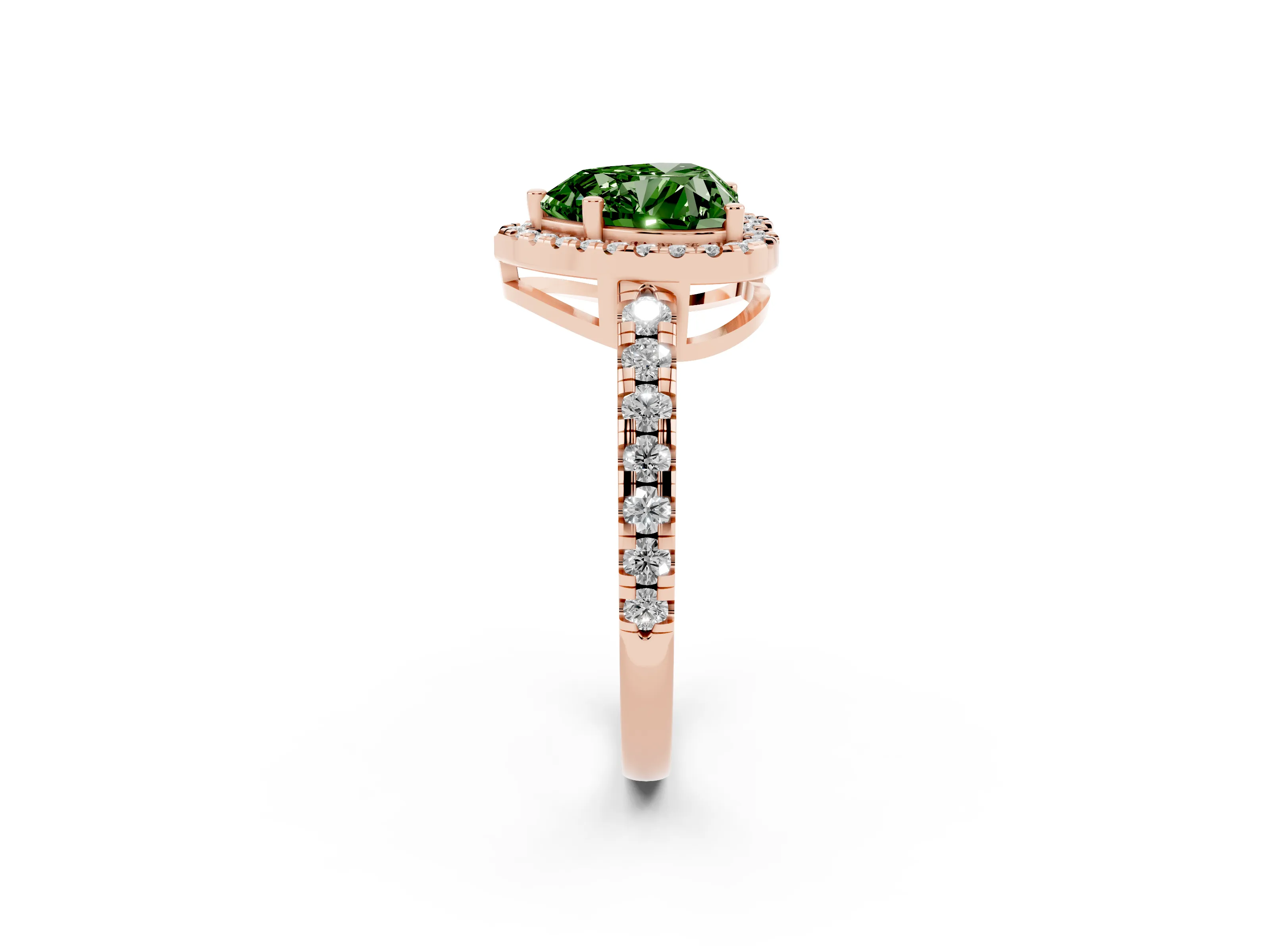 Fancy Green Heart Cut Diamond Halo Ring Set in Rose gold with Delicate Pavé Band and Prong Setting