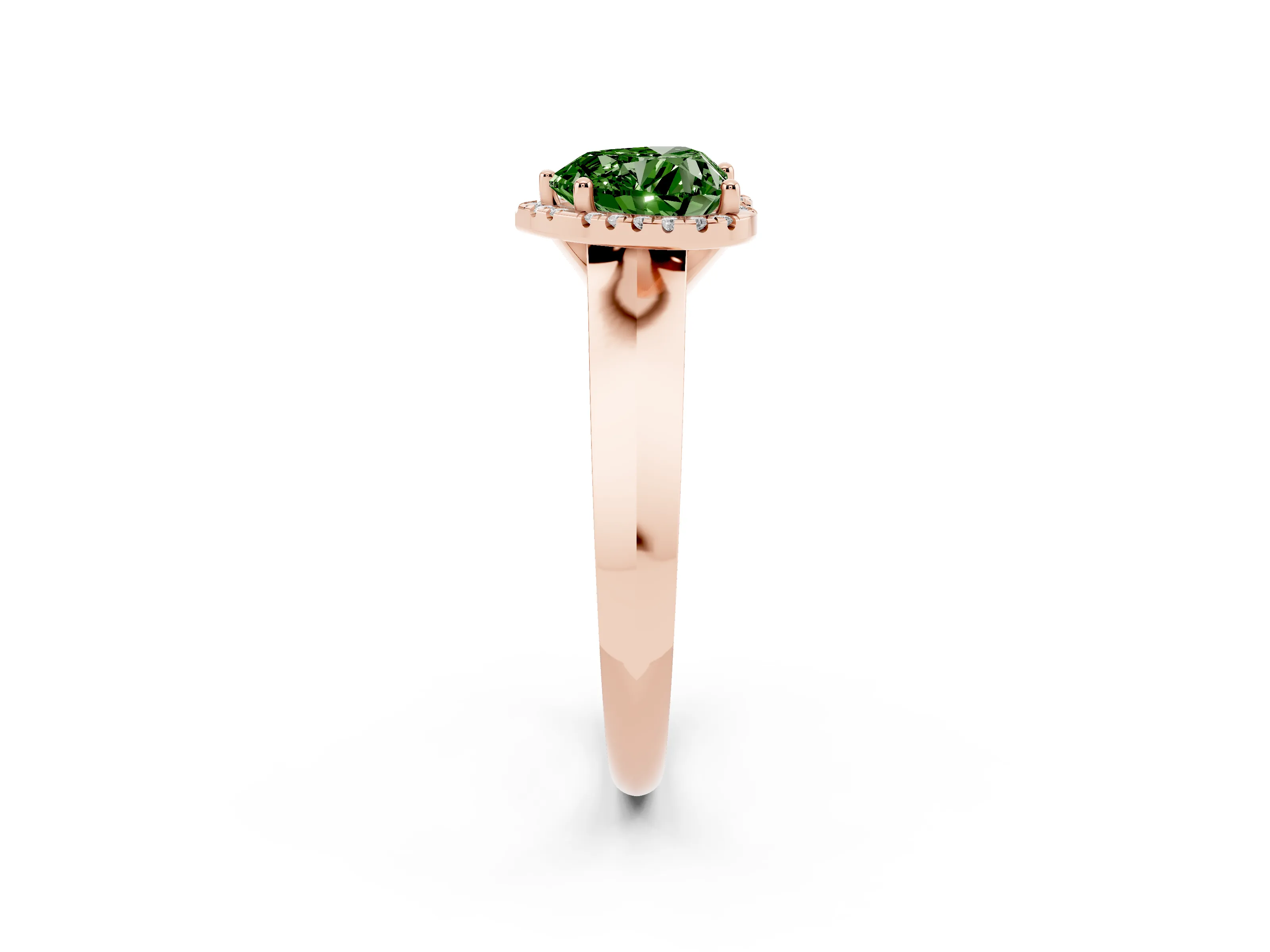 Fancy Green Heart Cut Diamond Halo Ring Set in Rose gold with Cathedral Band and Prong Setting