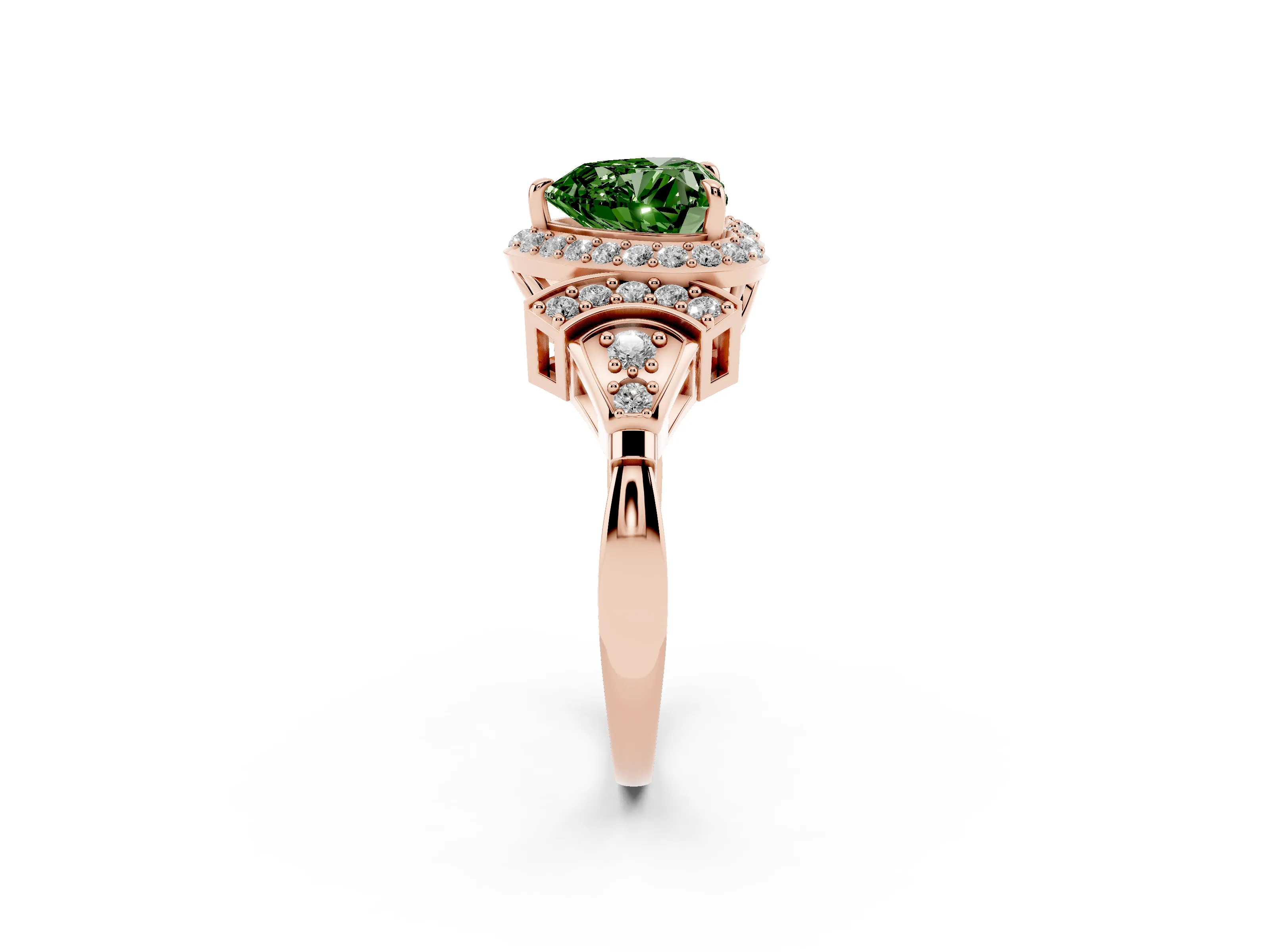 Fancy Green Heart Cut Diamond Halo Engagement Ring Set in Rose gold with Accent Stone Split Shank