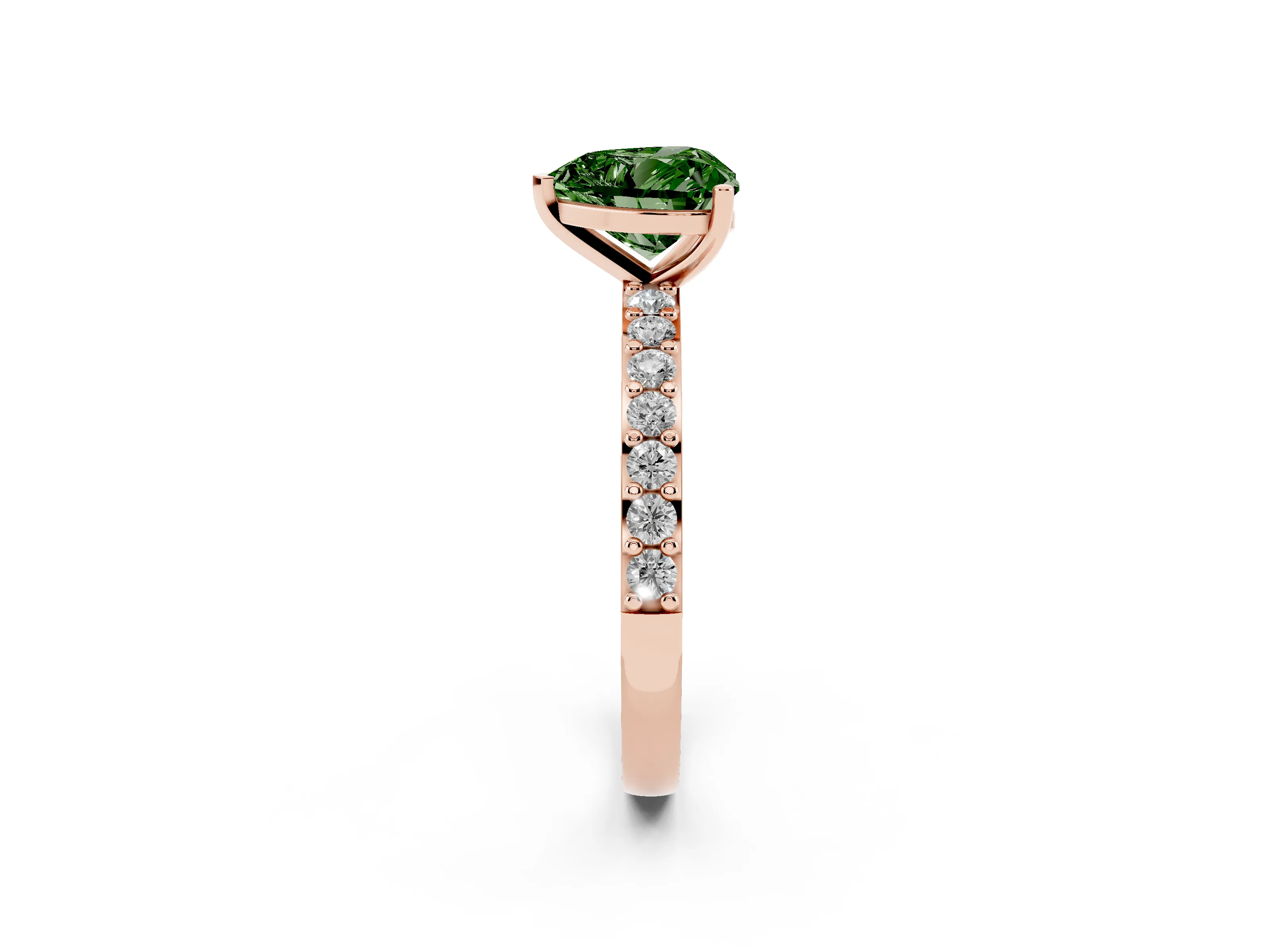 Fancy Green Heart Cut Diamond Solitaire Set in Rose gold with Round Pavé Band and Prong Setting