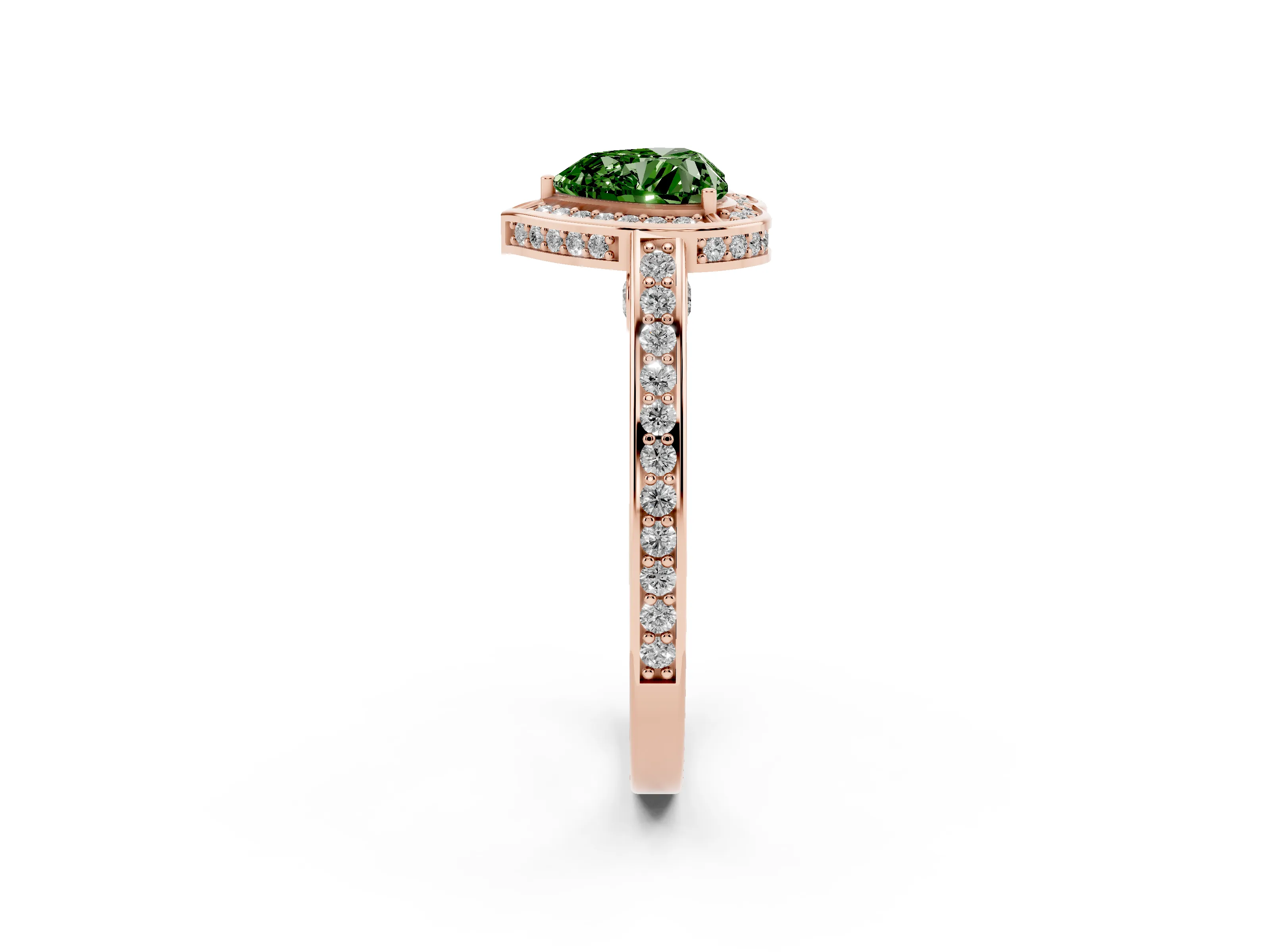 Fancy Green Heart Cut Diamond Halo Pavé Split Shank Ring Set in Rose gold with Prong Setting