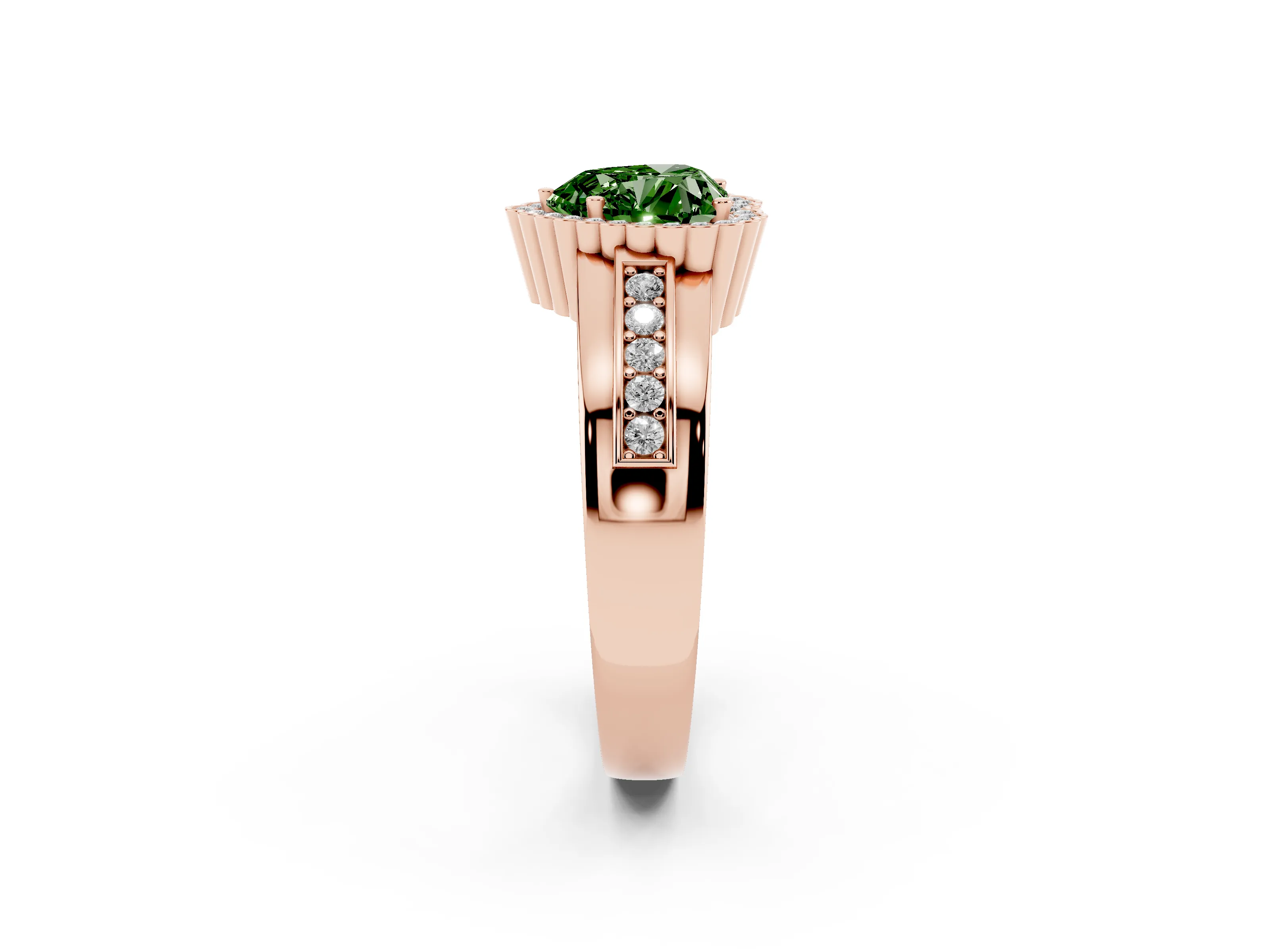 Fancy Green Heart Cut Diamond Halo Prong Ring Set in Rose gold with Pavé Band