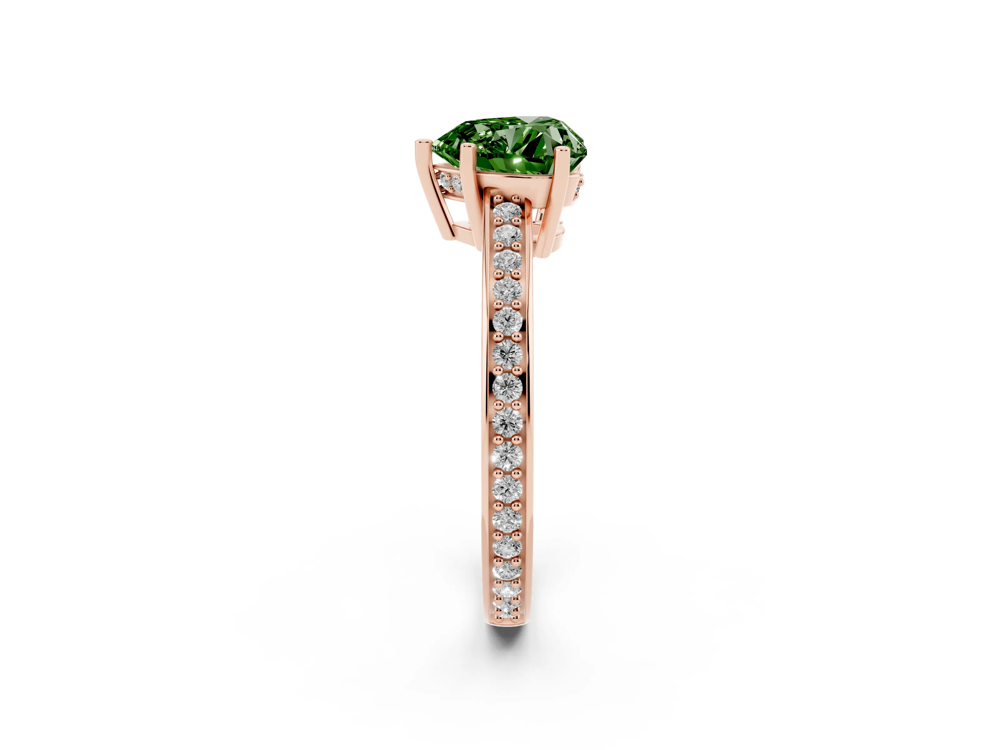 Fancy Green Heart Cut Diamond Pavé Band Prong Set Solitaire Ring Set in Rose gold