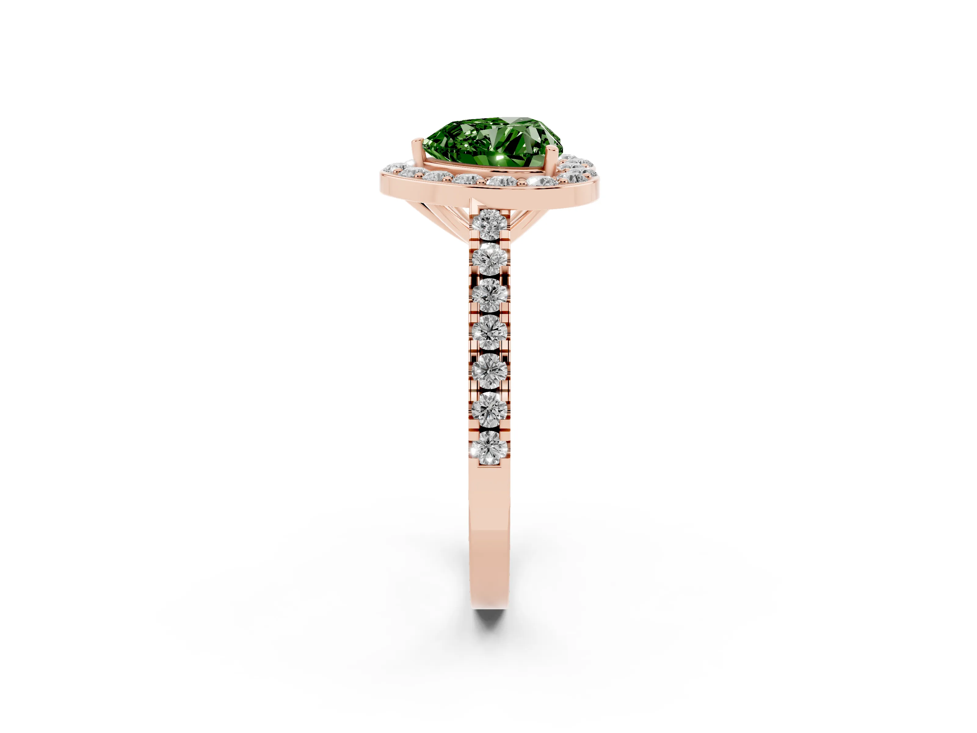 Fancy Green Heart Cut Diamond Halo Ring Set in Rose gold with Round Pavé Split Shank and Prong Setting