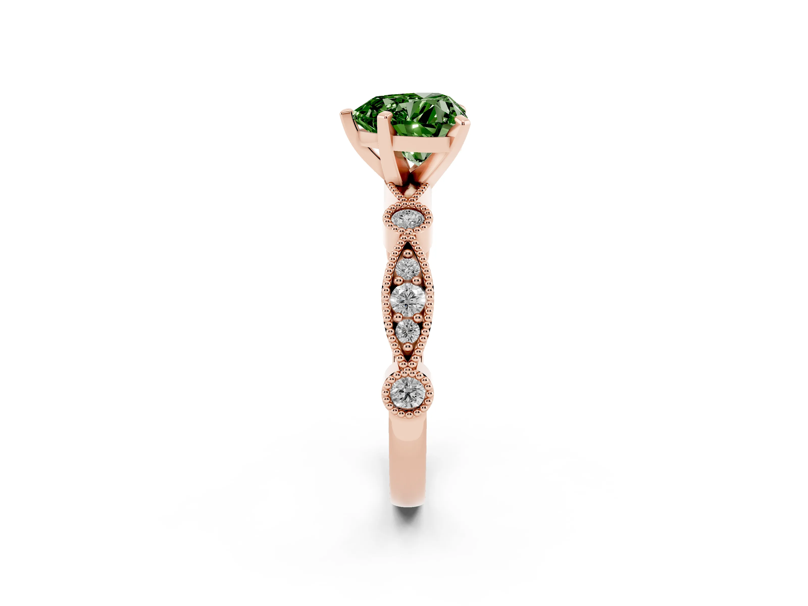 Fancy Green Heart Cut Diamond Solitaire Engagement Ring Set in Rose gold with Milgrain Bezel Accent Band