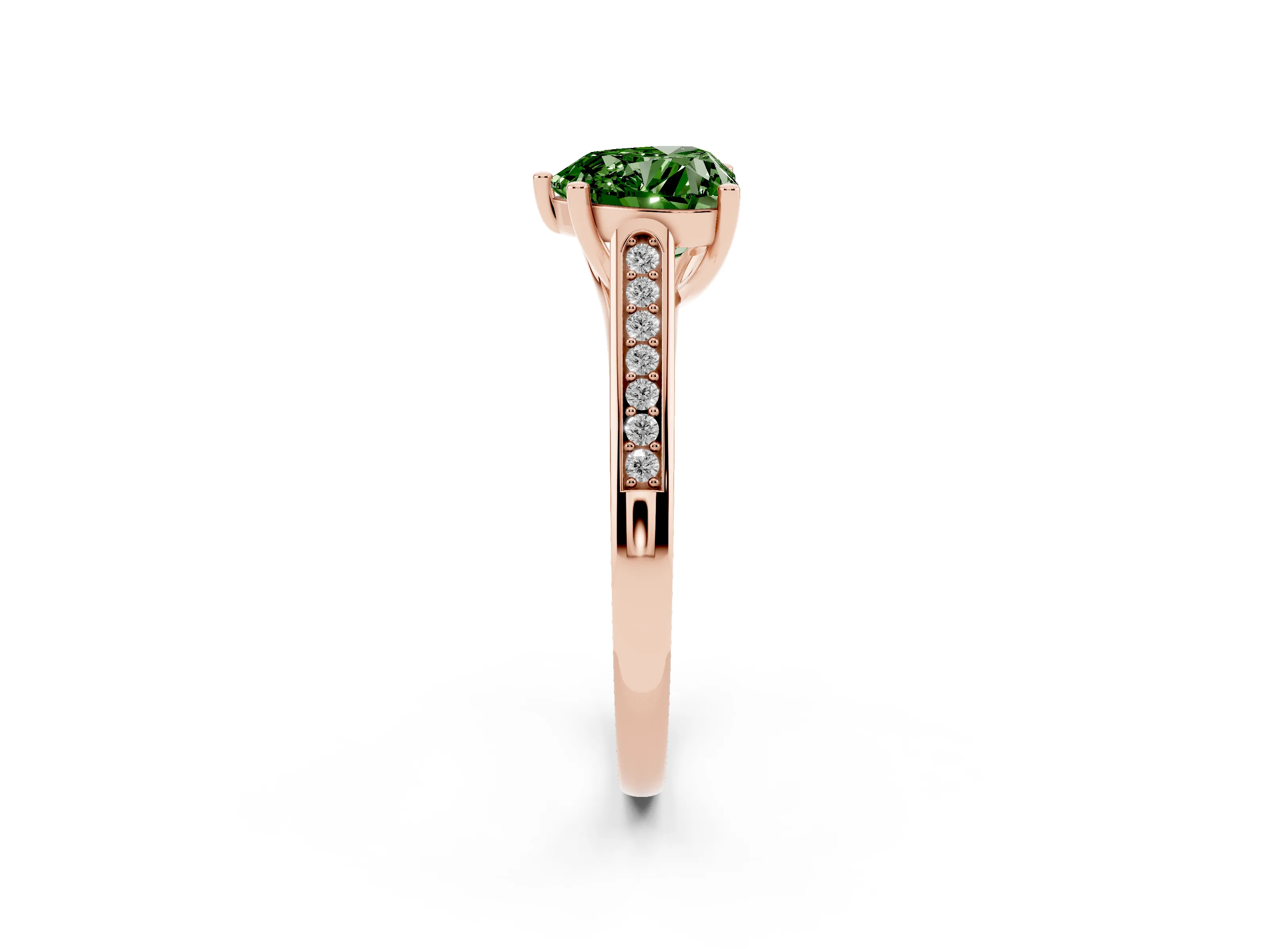 Fancy Green Heart Cut Diamond Solitaire Cathedral Engagement Ring Set in Rose gold with Channel-Set Band and Prong Setting