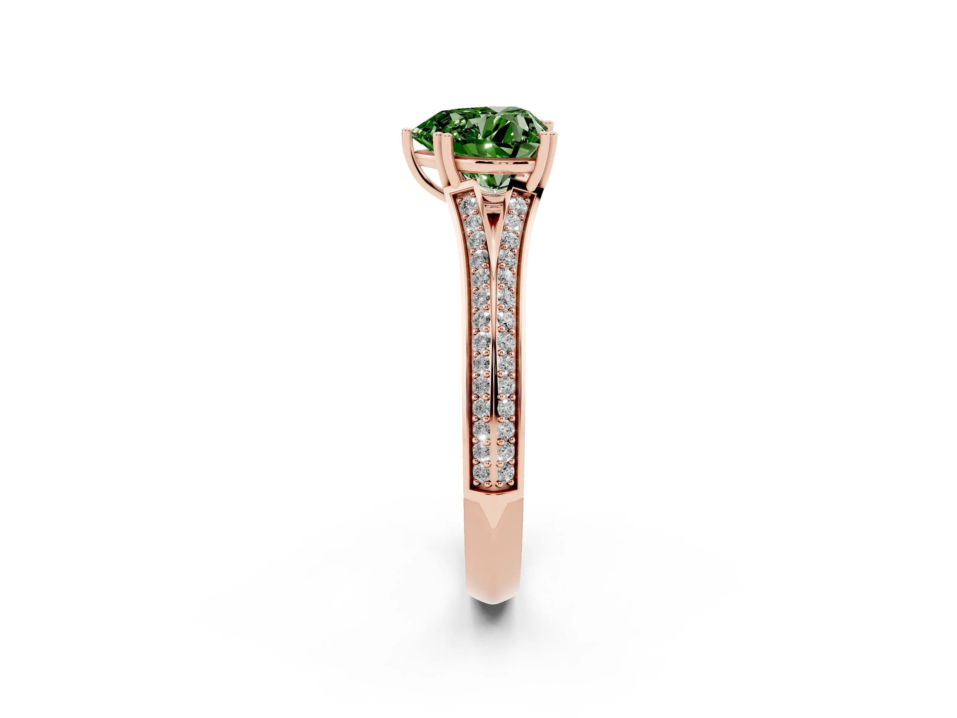Fancy Green Heart Cut Diamond Split Shank Pavé Engagement Ring Set in Rose gold with Prong-Set Center Stone