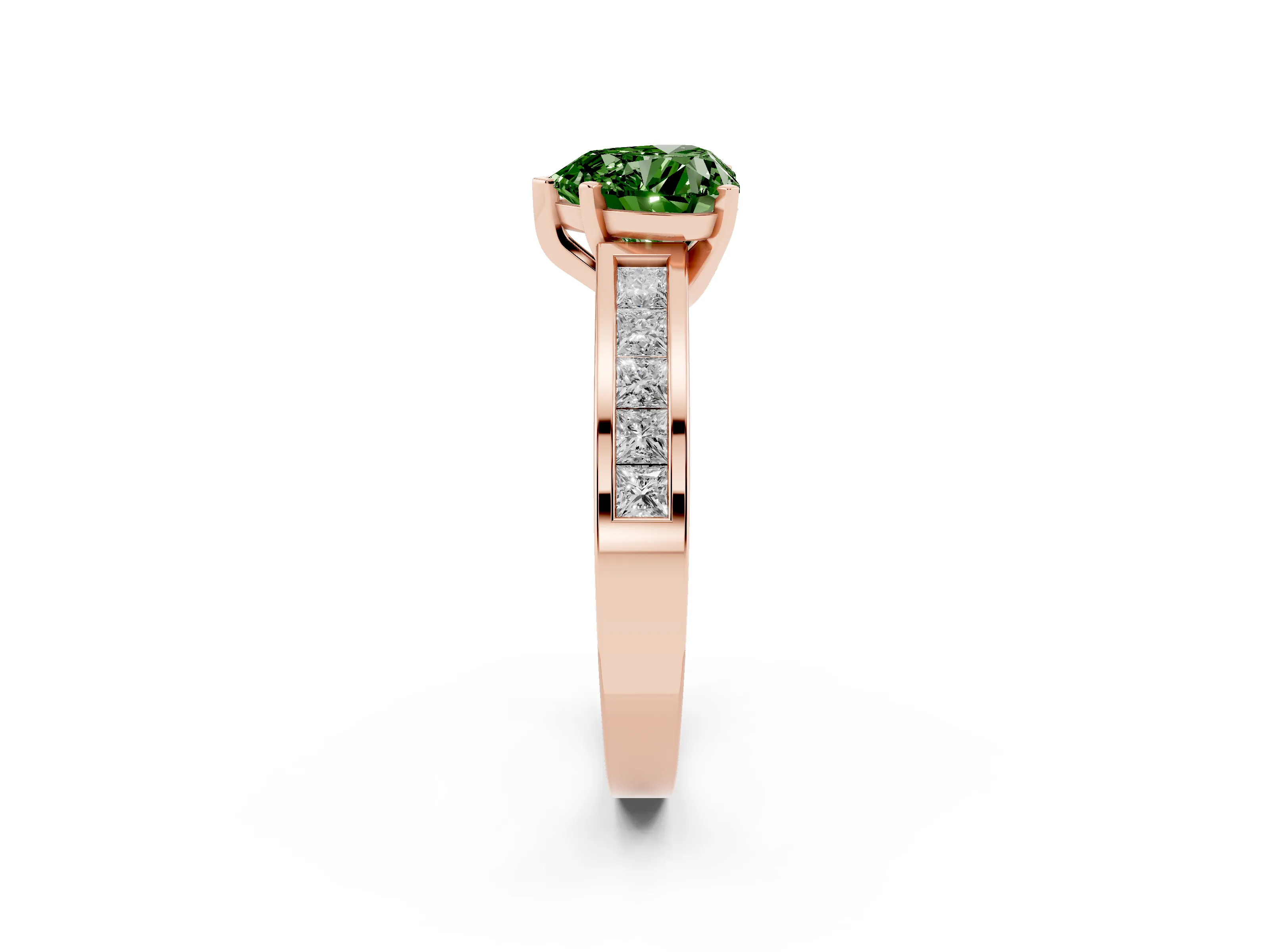 Fancy Green Heart Cut Diamond Solitaire Ring Set in Rose gold with Channel-Set Band and Prong Setting