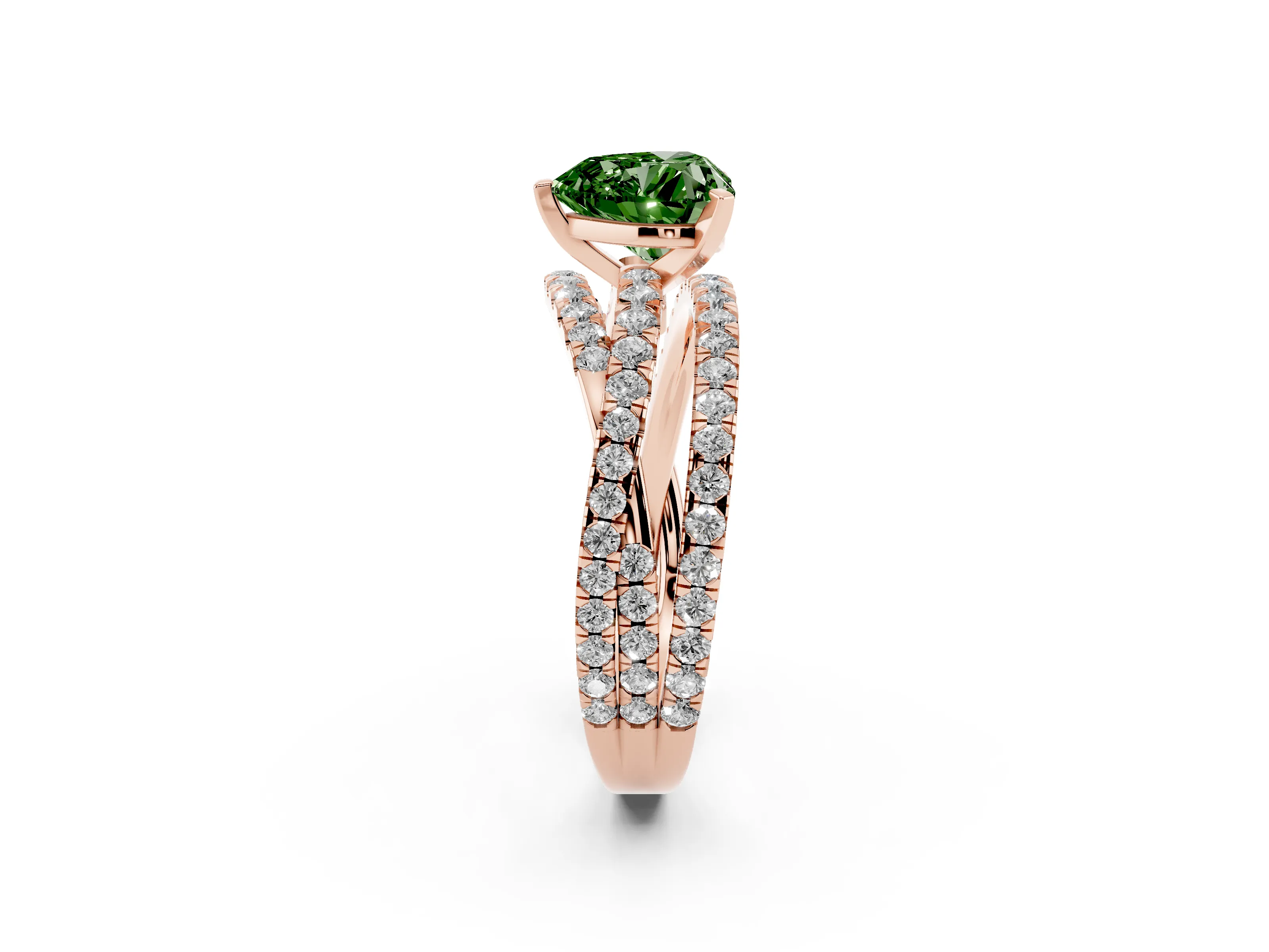 Fancy Green Heart Cut Diamond Solitaire Twist Band Ring Set in Rose gold with Pavé Setting and Prong Head