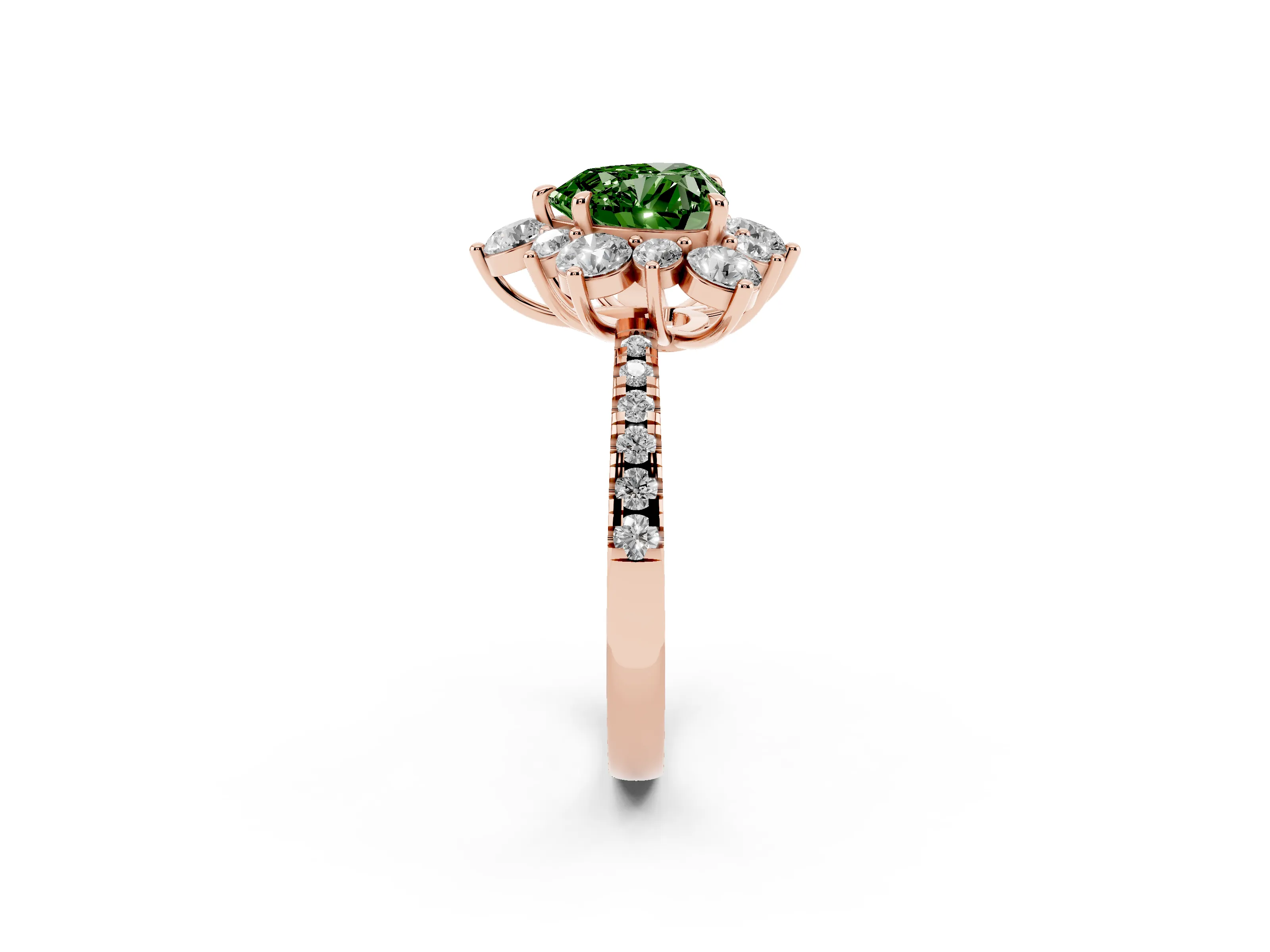 Fancy Green Heart Cut Diamond Floral Halo Ring Set in Rose gold with Round Pavé Band and Prong Setting