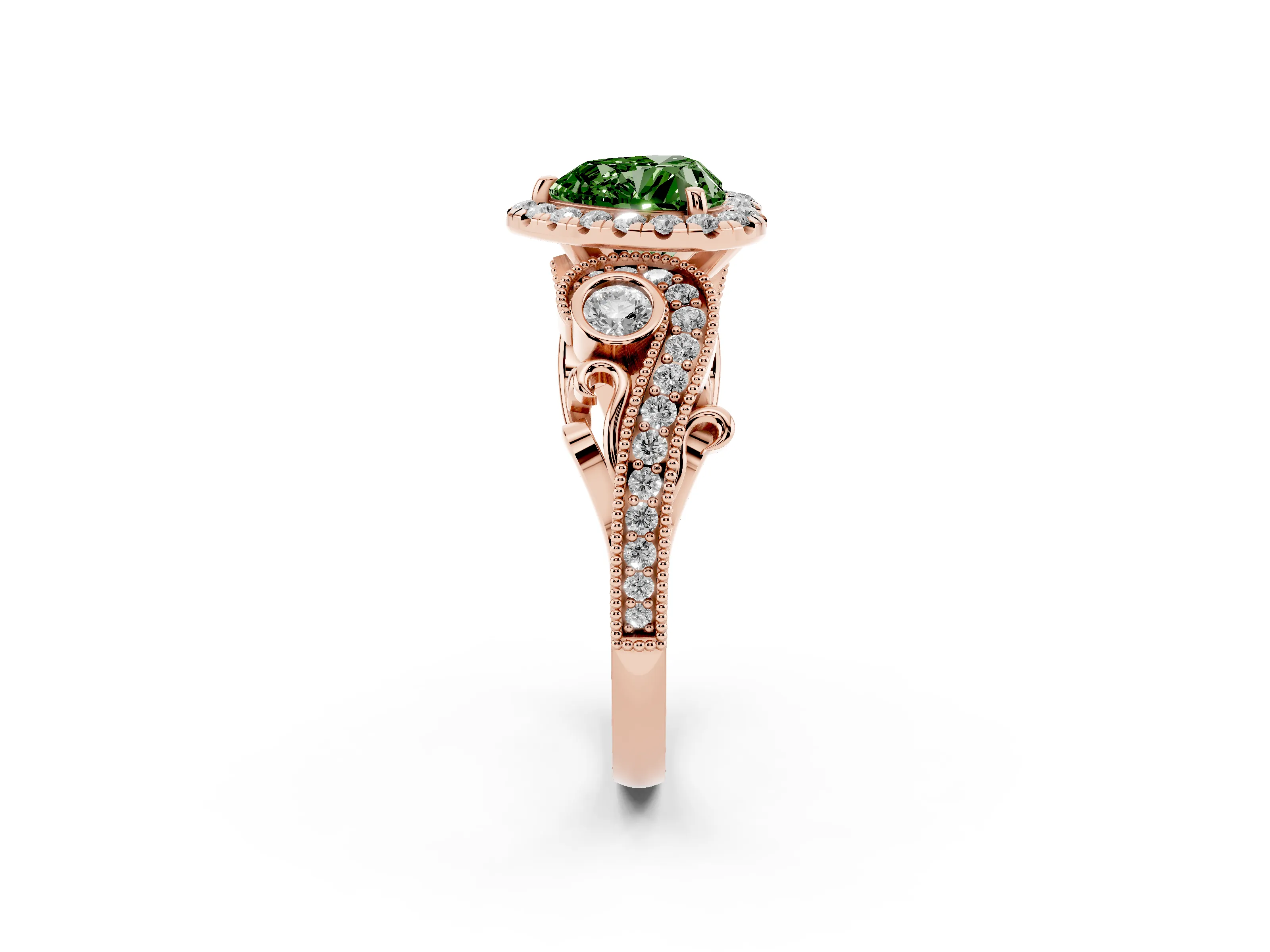 Fancy Green Heart Cut Diamond Halo Ring Set in Rose gold with Milgrain Pavé Band and Prong Setting