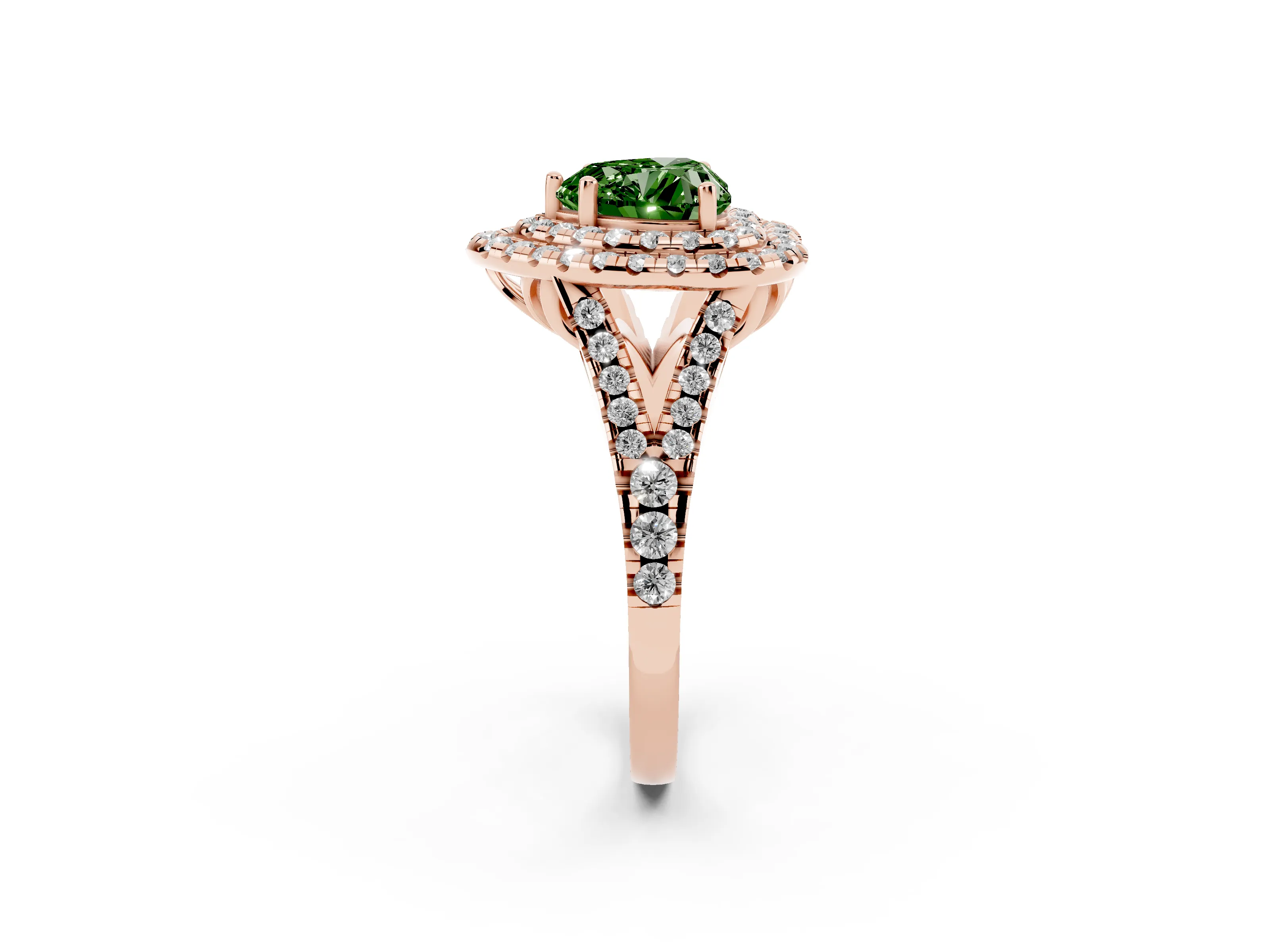 Fancy Green Heart Cut Diamond Double Halo Ring Set in Rose gold with Pavé Split Shank and Prong Setting