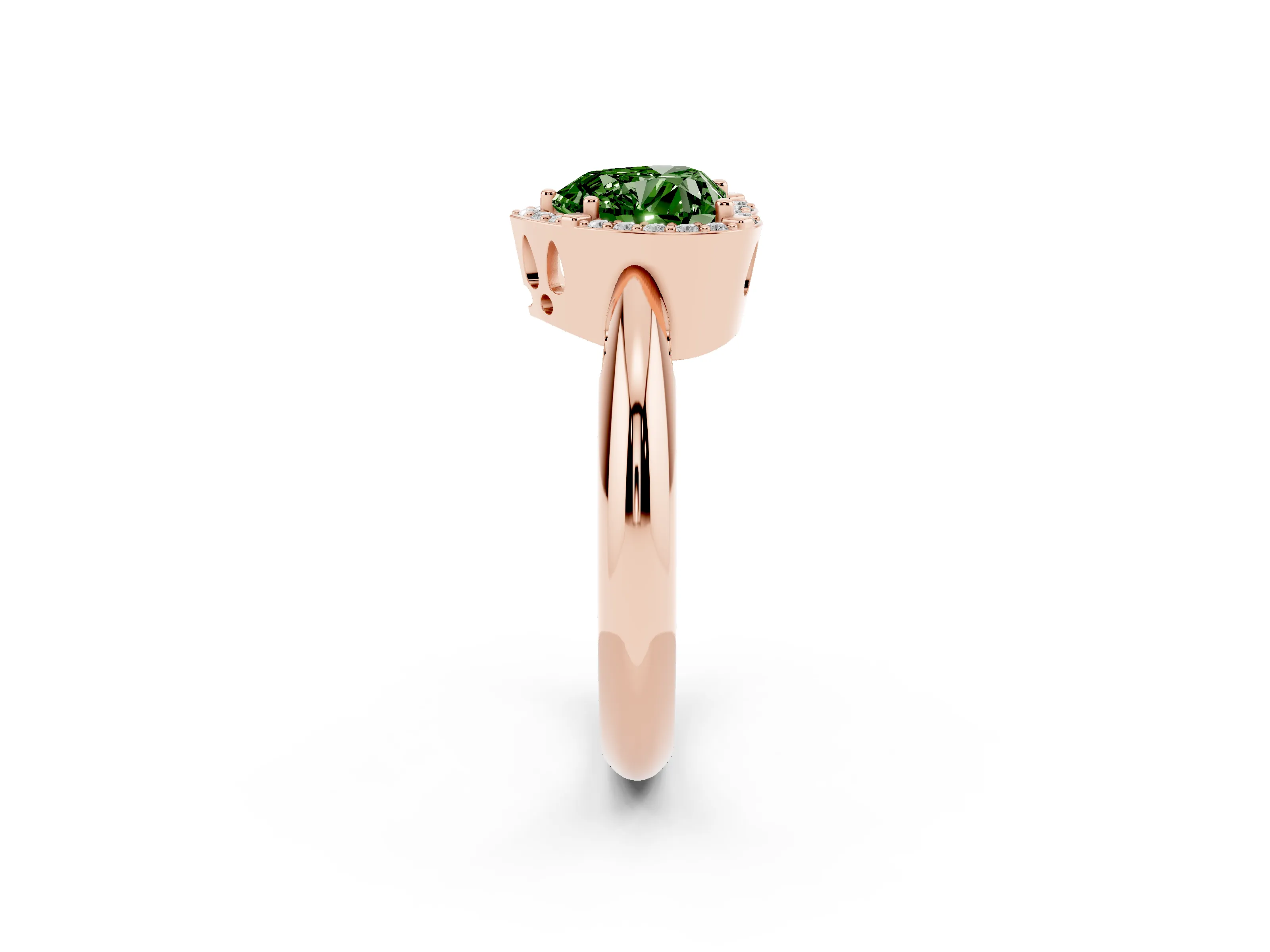 Fancy Green Heart Cut Diamond Halo Engagement Ring Set in Rose gold with Plain Split Shank and Prong Setting