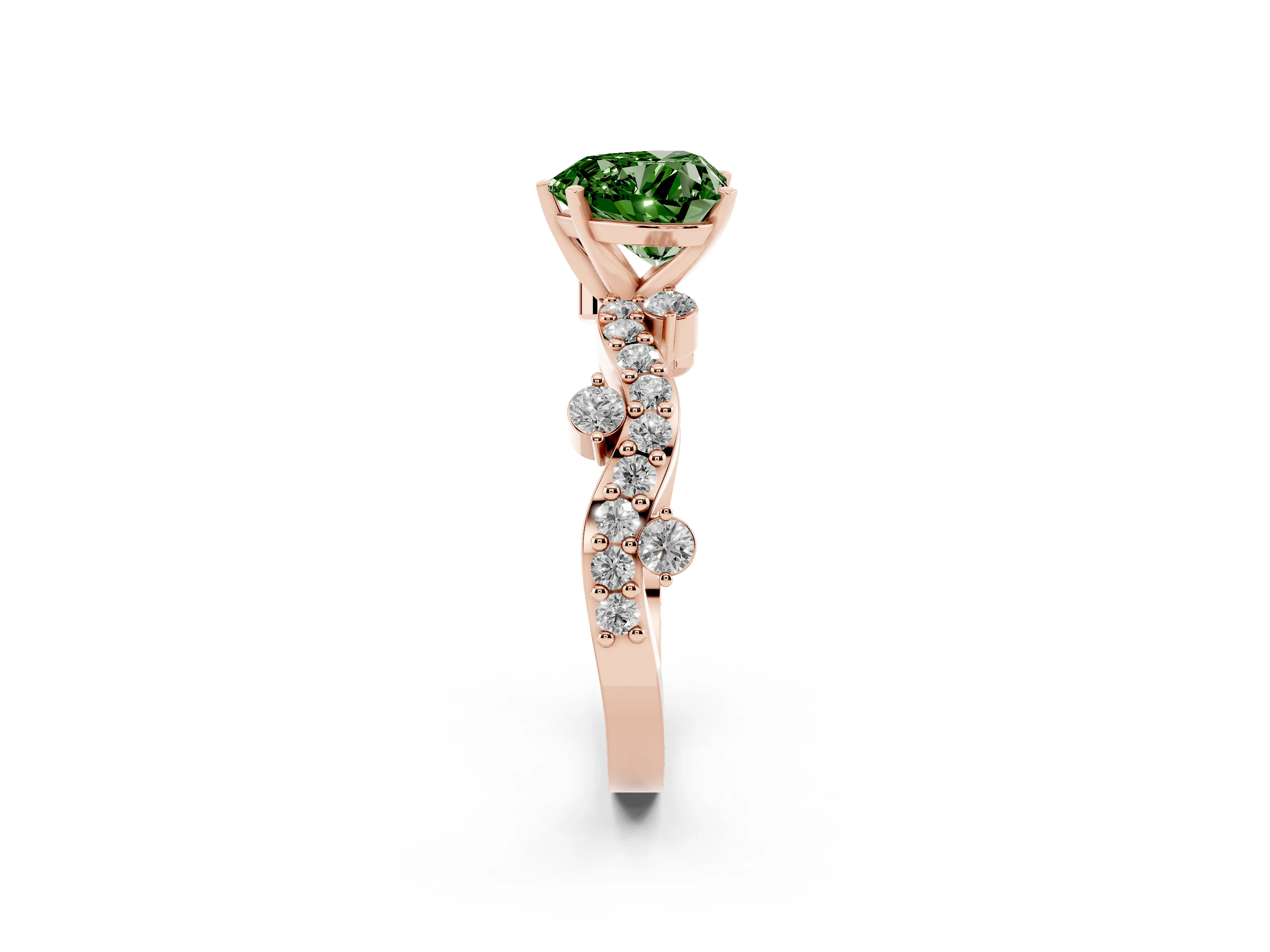 Fancy Green Heart Cut Diamond Solitaire Twisted Band Set in Rose gold with Pavé Setting