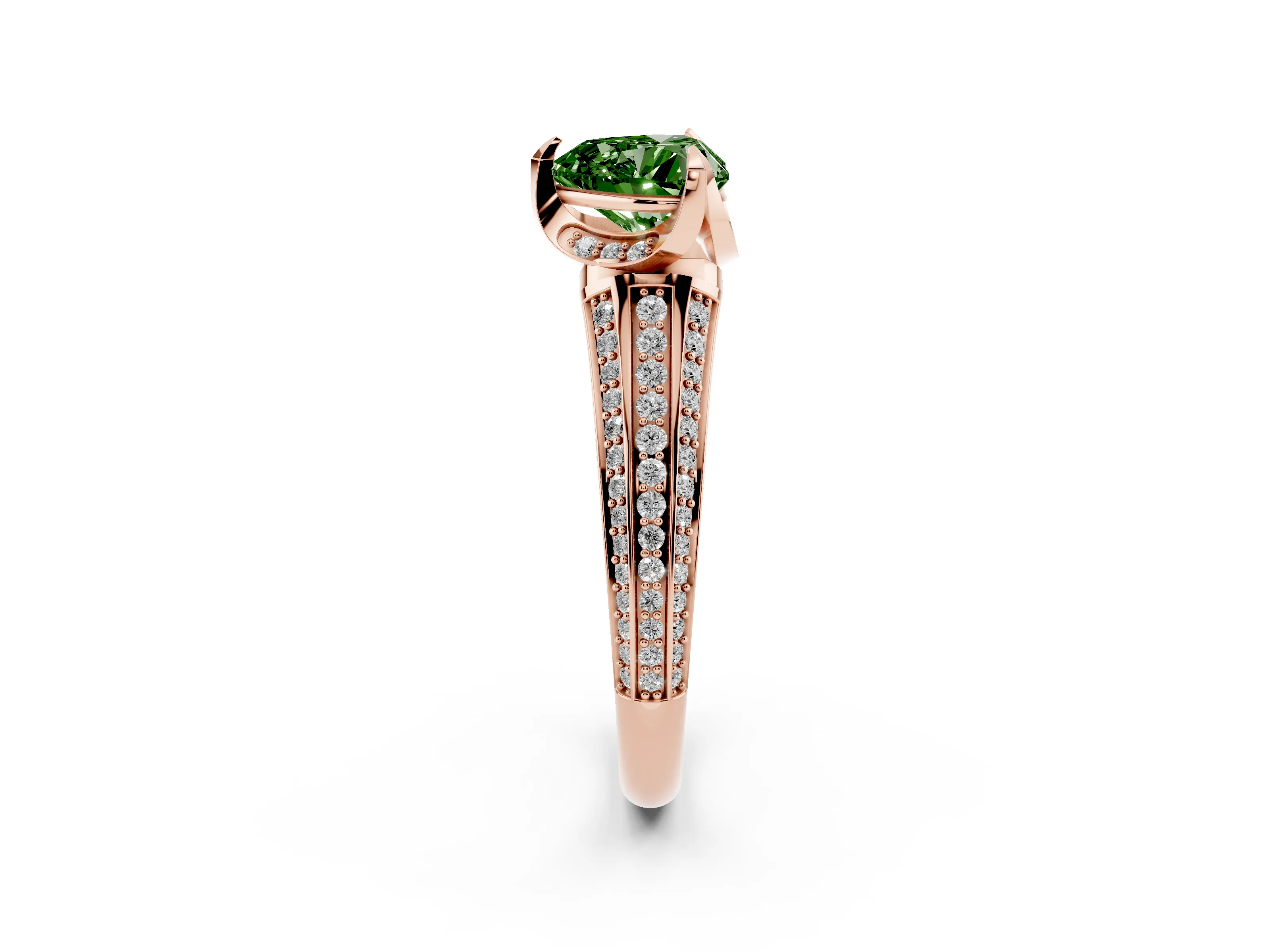 Fancy Green Heart Cut Diamond Pavé Split Shank Solitaire Ring Set in Rose gold with Prong Setting