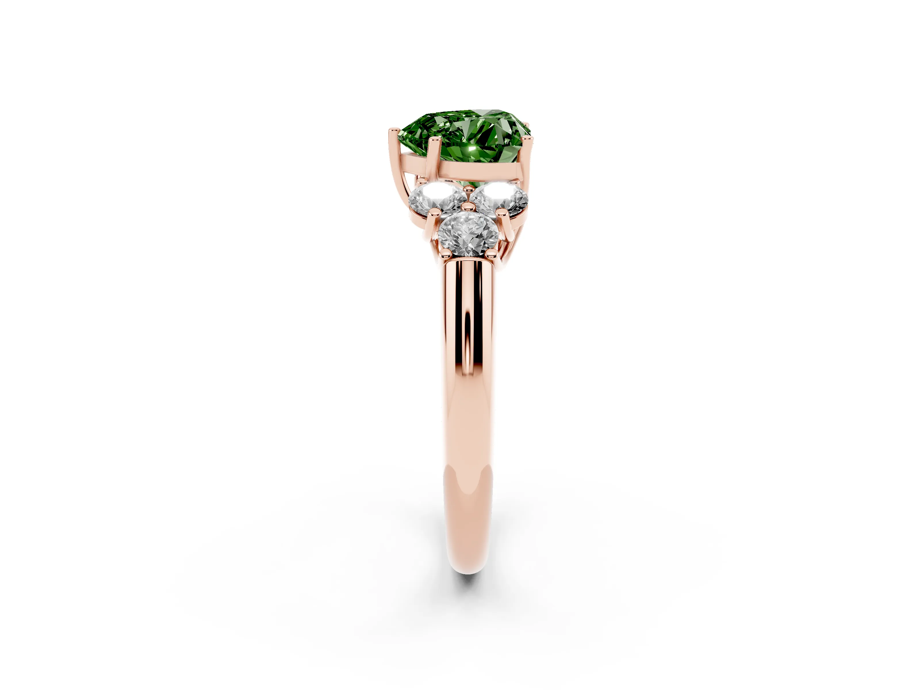 Fancy Green Heart Cut Diamond Cluster Ring Set in Rose gold with Round Accent Stones and Prong Setting on a Plain Band