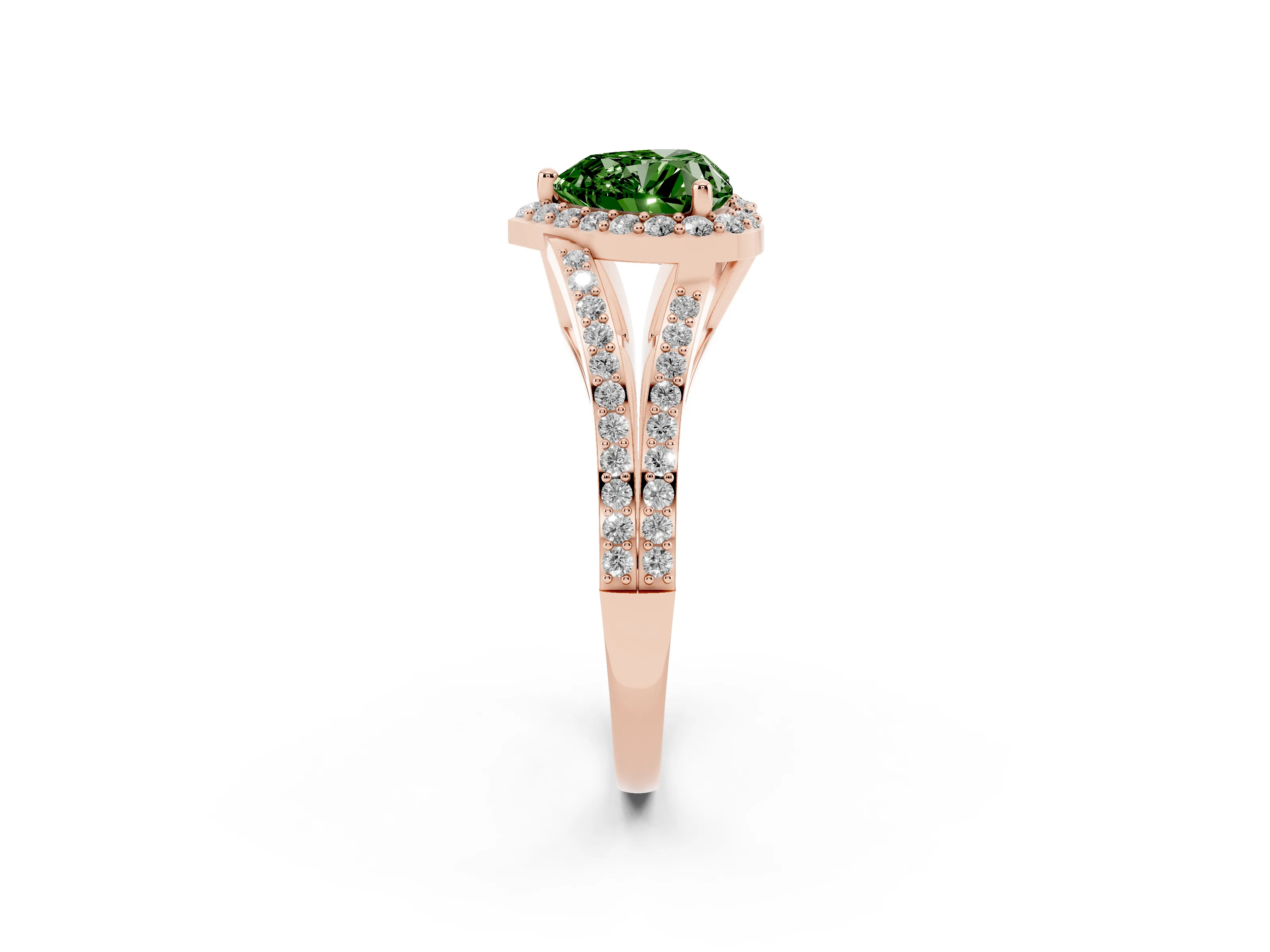 Fancy Green Heart Cut Diamond Halo Split Shank Pavé Ring Set in Rose gold with Prong Setting