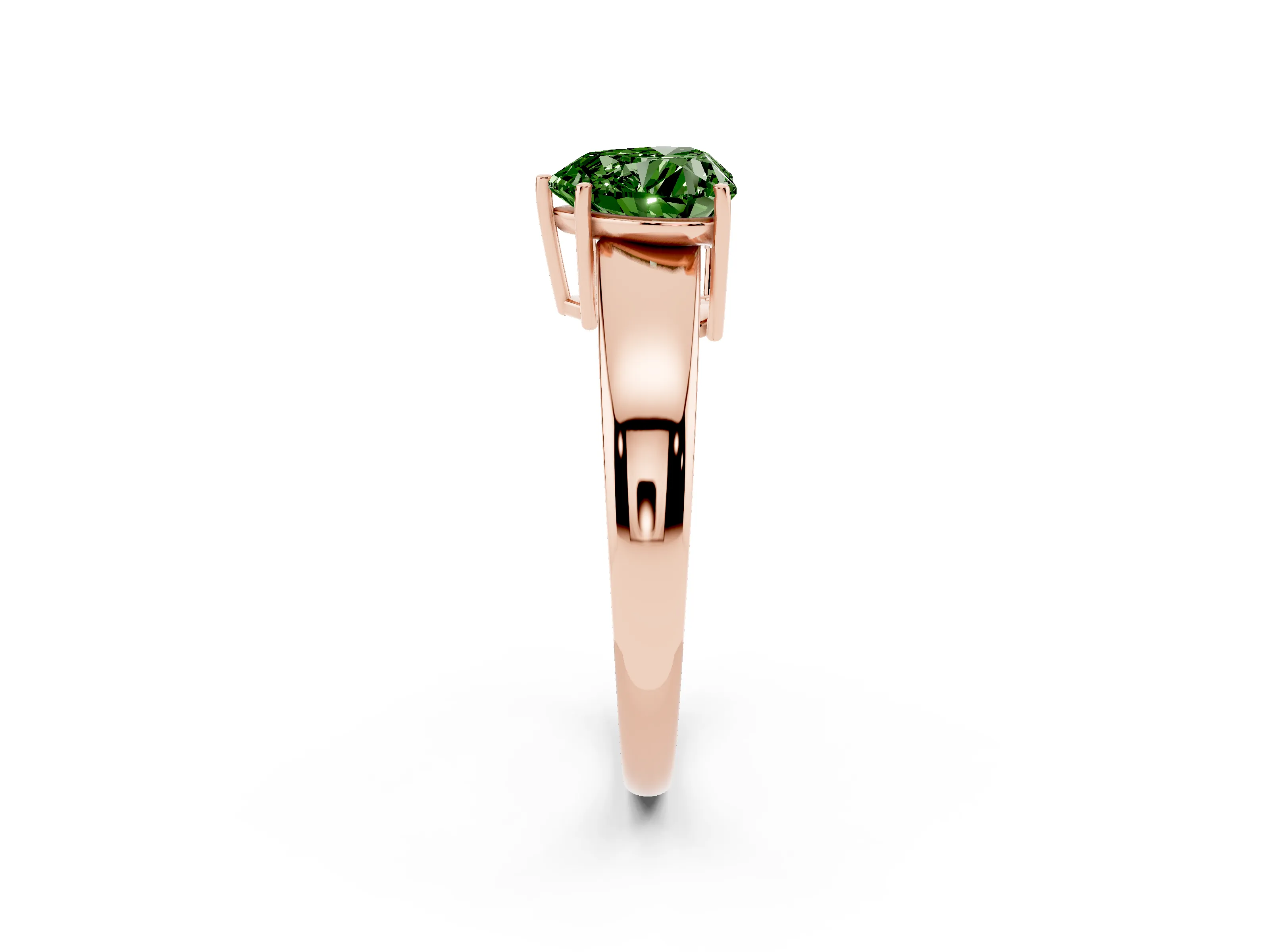 Fancy Green Heart Cut Diamond Solitaire Ring Set in Rose gold with Tapered Band and Prong Setting