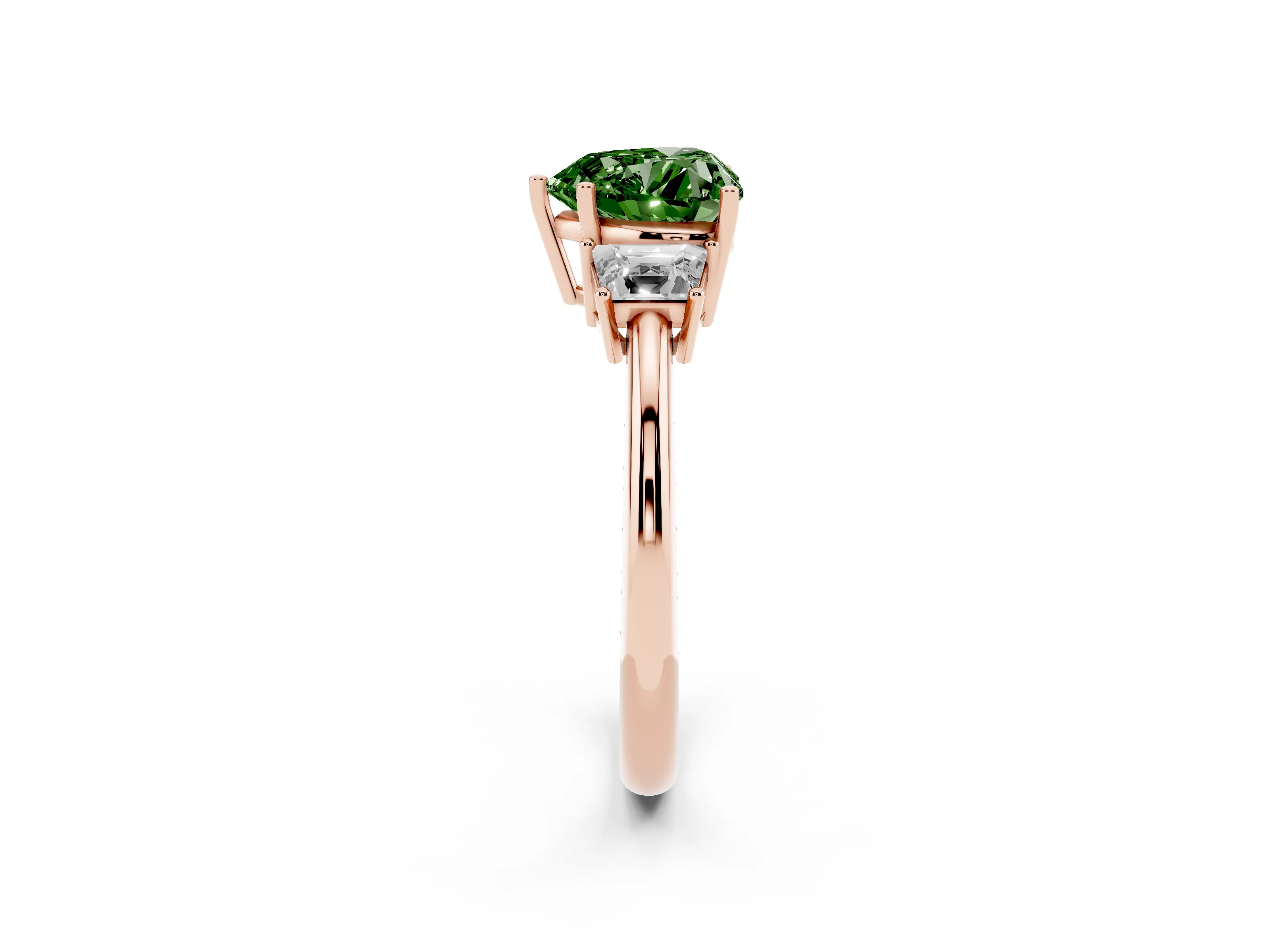 Fancy Green Heart Cut Diamond Three-Stone Ring Set in Rose gold with Trapezoid Side Stones and Prong Setting