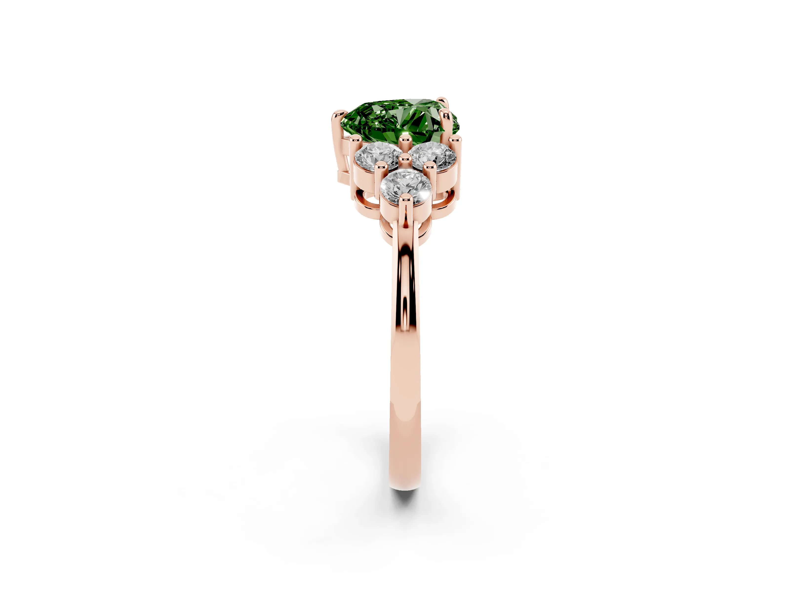 Fancy Green Heart Cut Diamond Solitaire Ring Set in Rose gold with Cluster Accents on Each Side